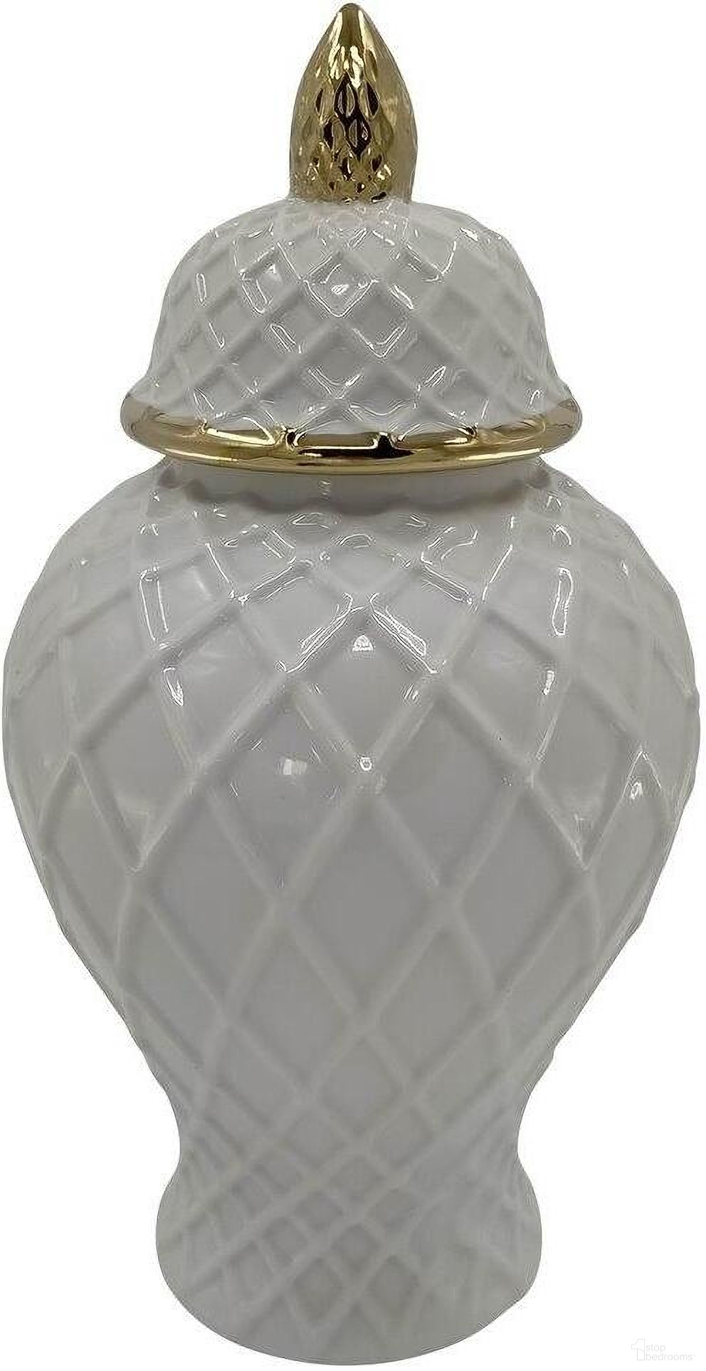 Ceramic 14 Inch Rope Temple Jar In White And Gold