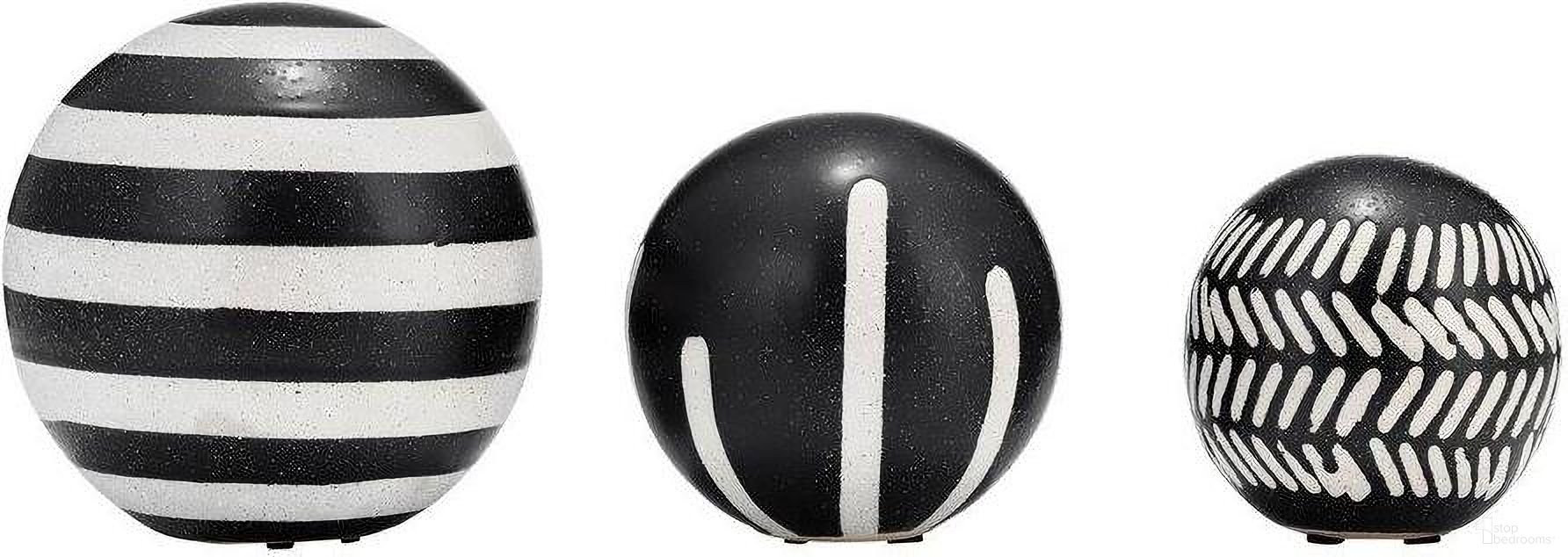 Ceramic 4/5/6 Inch Tribal Orbs Set of 3 In Black And Ivory