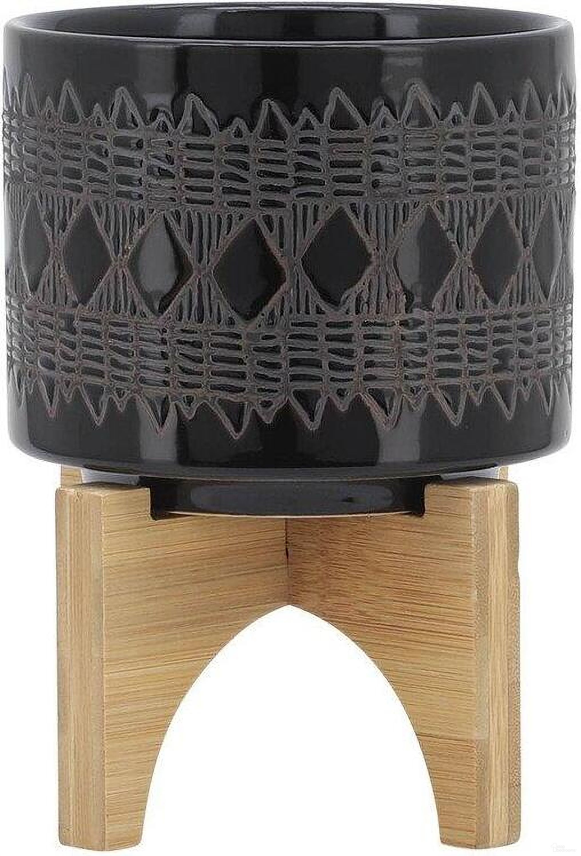 Ceramic 5 Inch Aztec Planter On Wooden Stand In Black