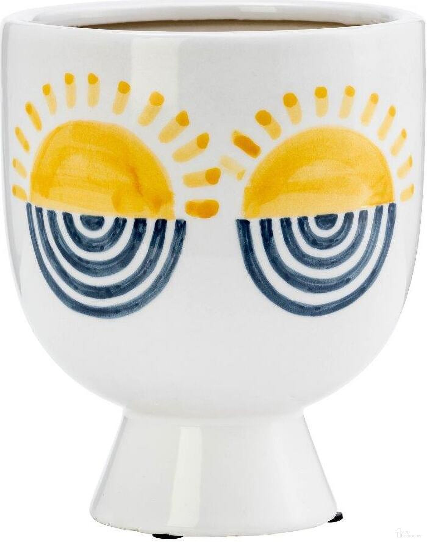 Ceramic 7 Inch Sunrise Eyes Flower Vase In White, Yellow And Blue