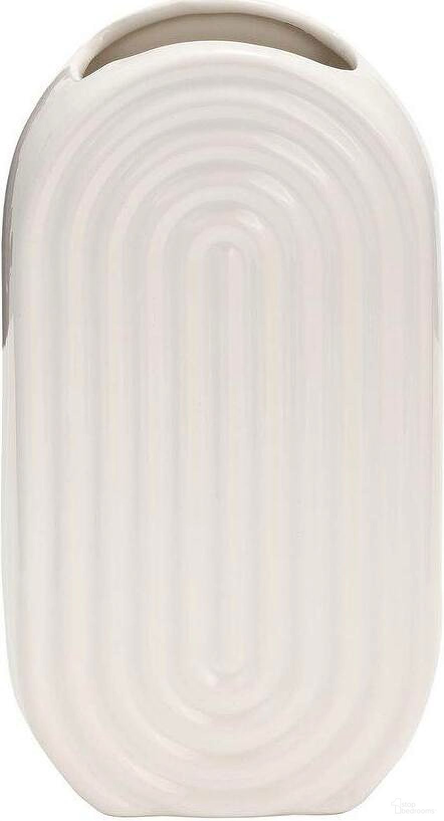 Ceramic 9 Inch Oval Ridged Vase In White