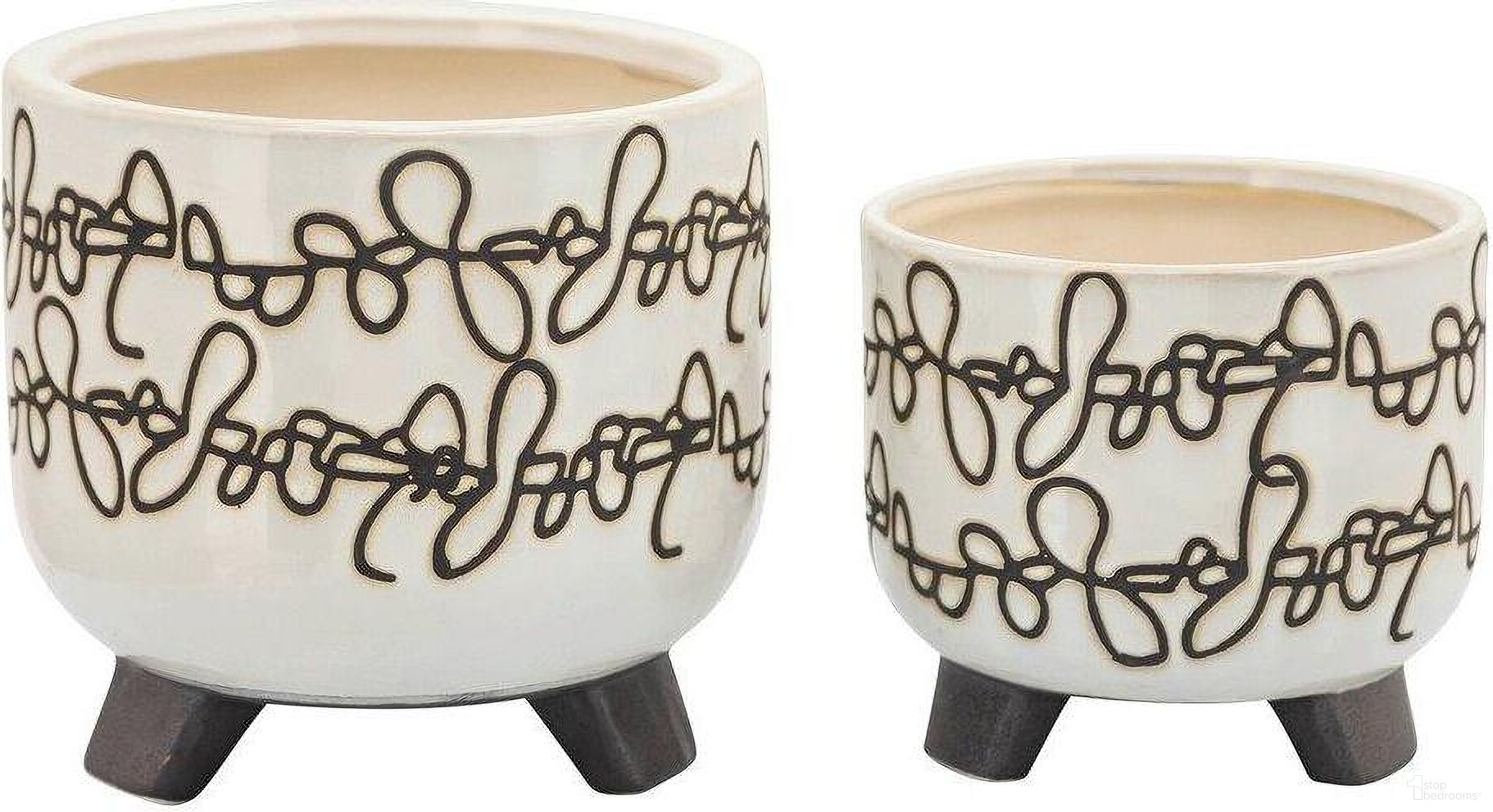 Ceramic Scribble Footed Planter Set of 2 In Beige