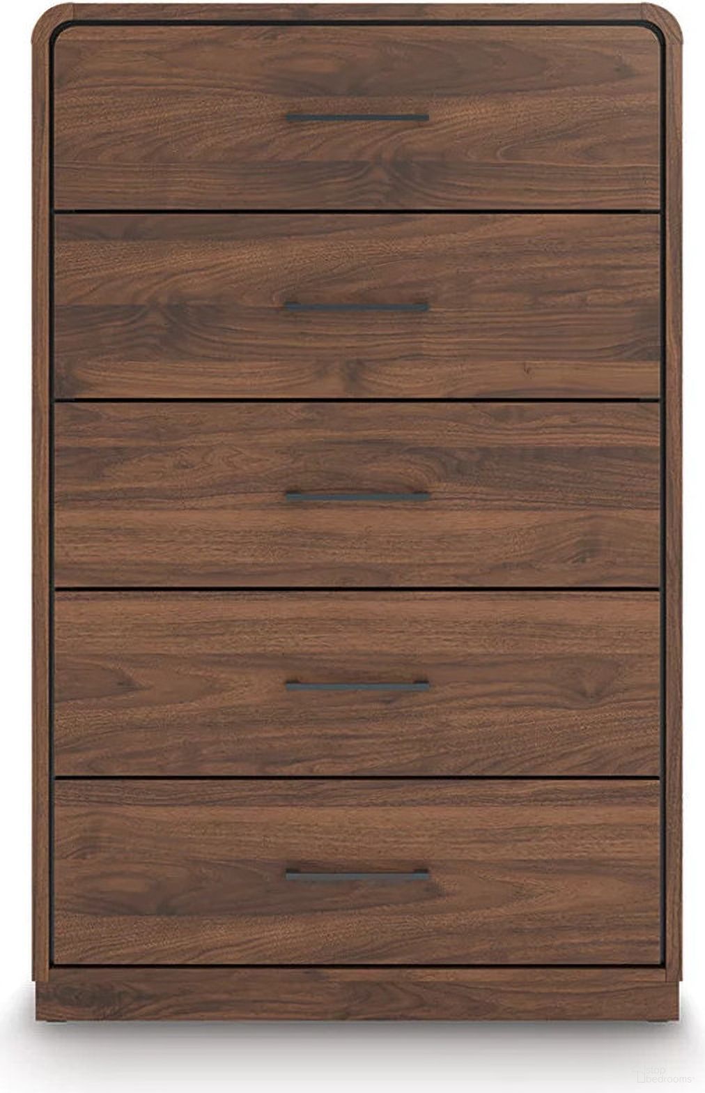 The appearance of Chadworth Chest of Drawers In Walnut Brown designed by Signature Design by Ashley in the modern / contemporary interior design. This walnut brown piece of furniture  was selected by 1StopBedrooms from Chadworth Collection to add a touch of cosiness and style into your home. Sku: NCB386-46. Material: Wood.