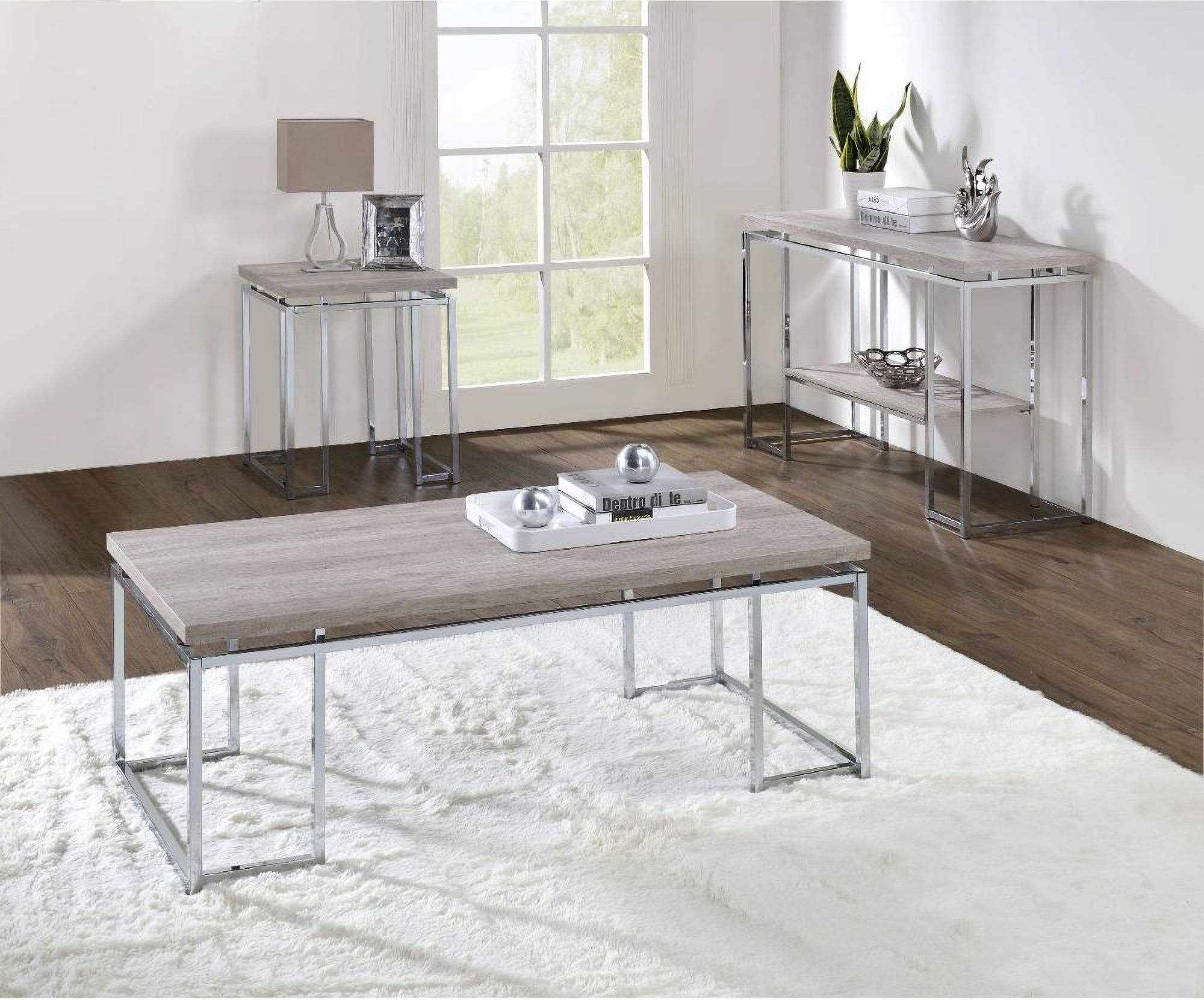 The appearance of Chafik Occasional Table Set In Natural Oak And Chrome designed by ACME in the modern / contemporary interior design. This natural oak piece of furniture  was selected by 1StopBedrooms from Chafik Collection to add a touch of cosiness and style into your home. Sku: 85370;85372. Material: Wood.