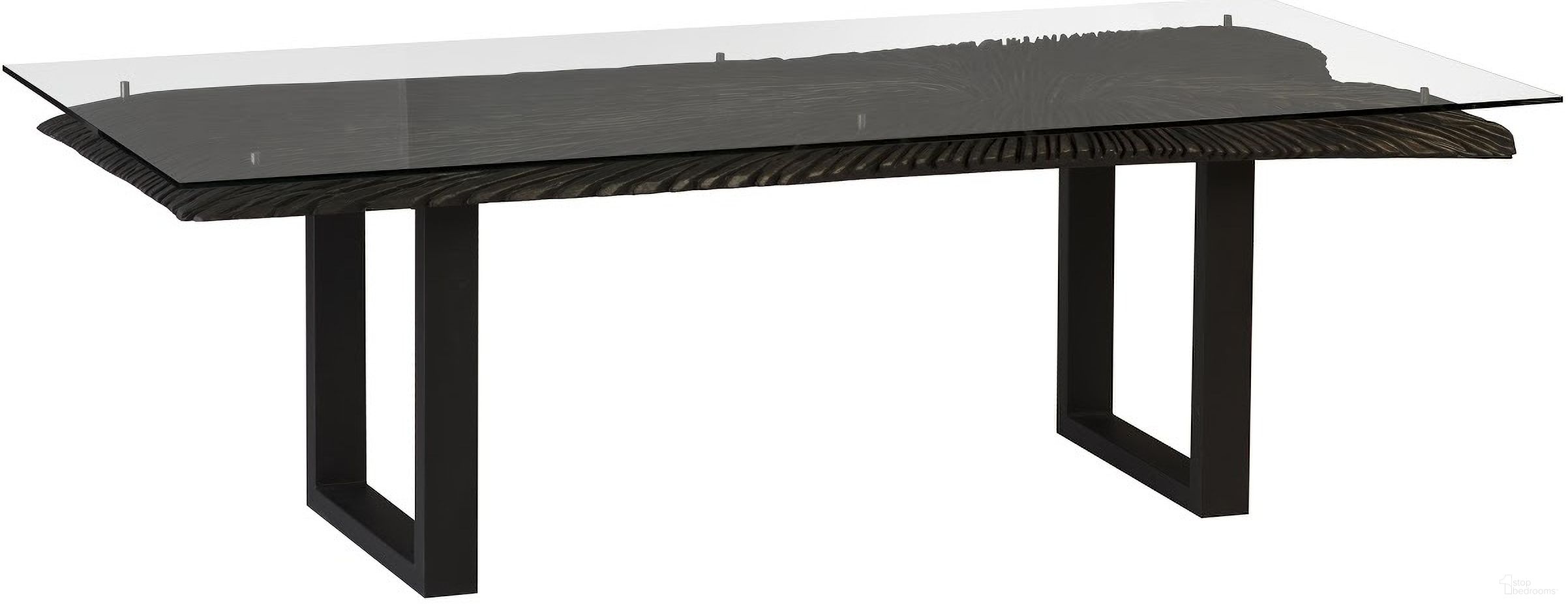 The appearance of Chainsaw Dining Table with Glass designed by Phillips Collection in the modern / contemporary interior design. This black piece of furniture  was selected by 1StopBedrooms from  to add a touch of cosiness and style into your home. Sku: TH97704. Table Base Style: Double Pedestal. Material: Wood. Table Top Shape: Rectangular. Size: 96" x 40".