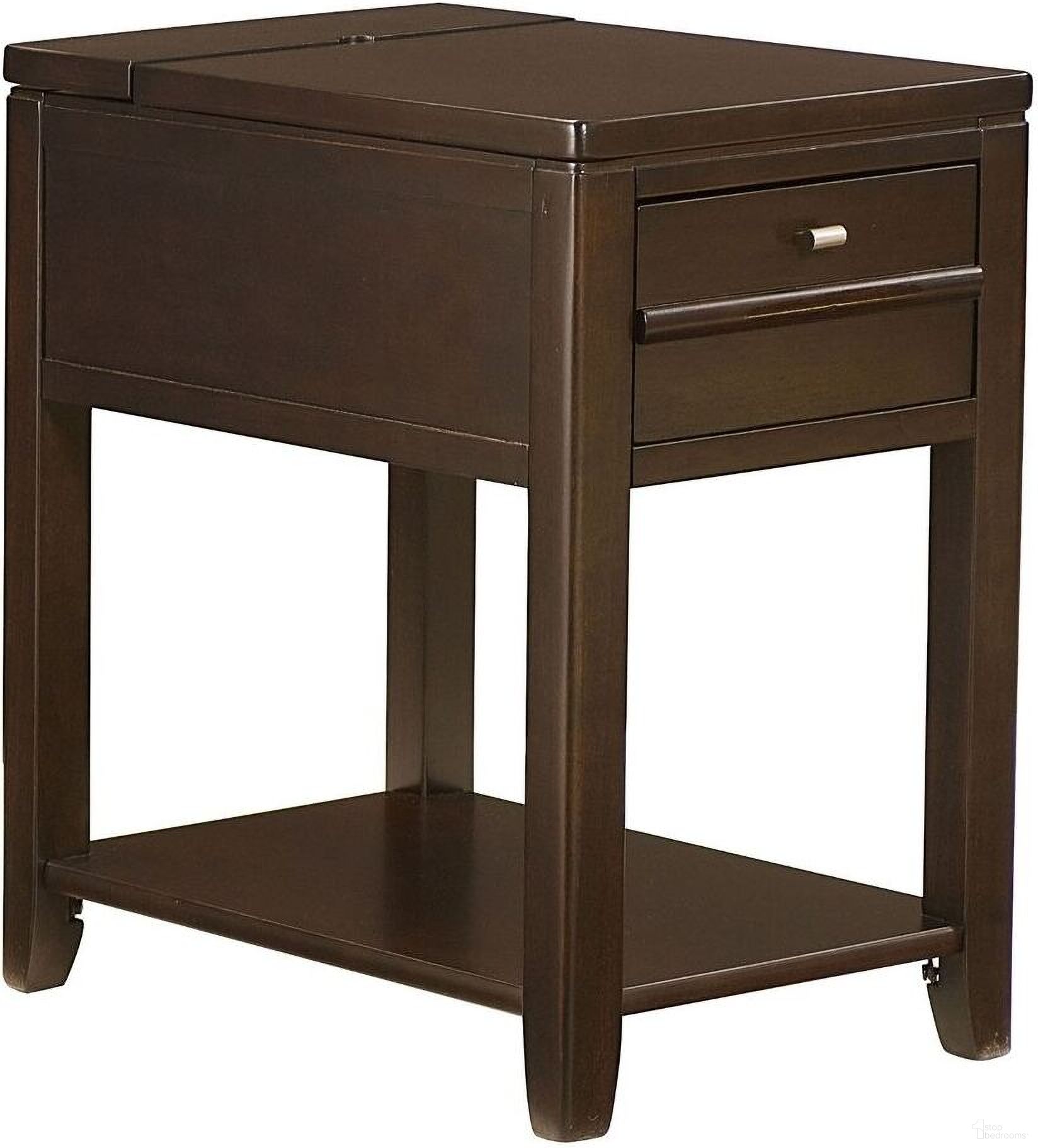 The appearance of Chairsides Espresso Chairside Table designed by Hammary in the transitional interior design. This brown piece of furniture  was selected by 1StopBedrooms from Chairsides Collection to add a touch of cosiness and style into your home. Sku: 200-017. Material: Wood.