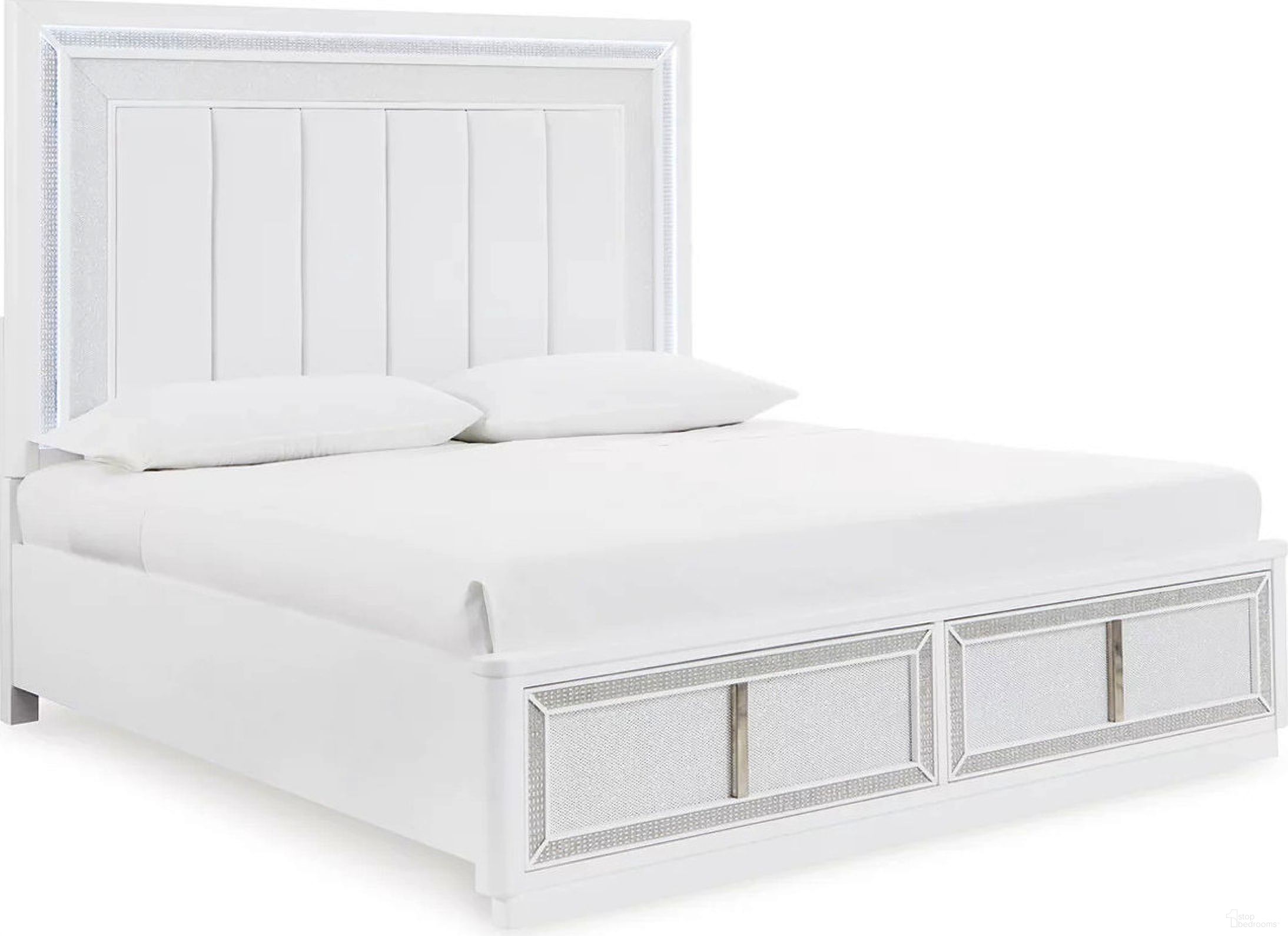 The appearance of Chalanna Queen Upholstered Storage Bed In White designed by Signature Design by Ashley in the modern / contemporary interior design. This white piece of furniture  was selected by 1StopBedrooms from Chalanna Collection to add a touch of cosiness and style into your home. Sku: B822-54S;B822-57;B822-97. Bed Type: Storage Bed. Bed Size: Queen. Material: Leather Match.