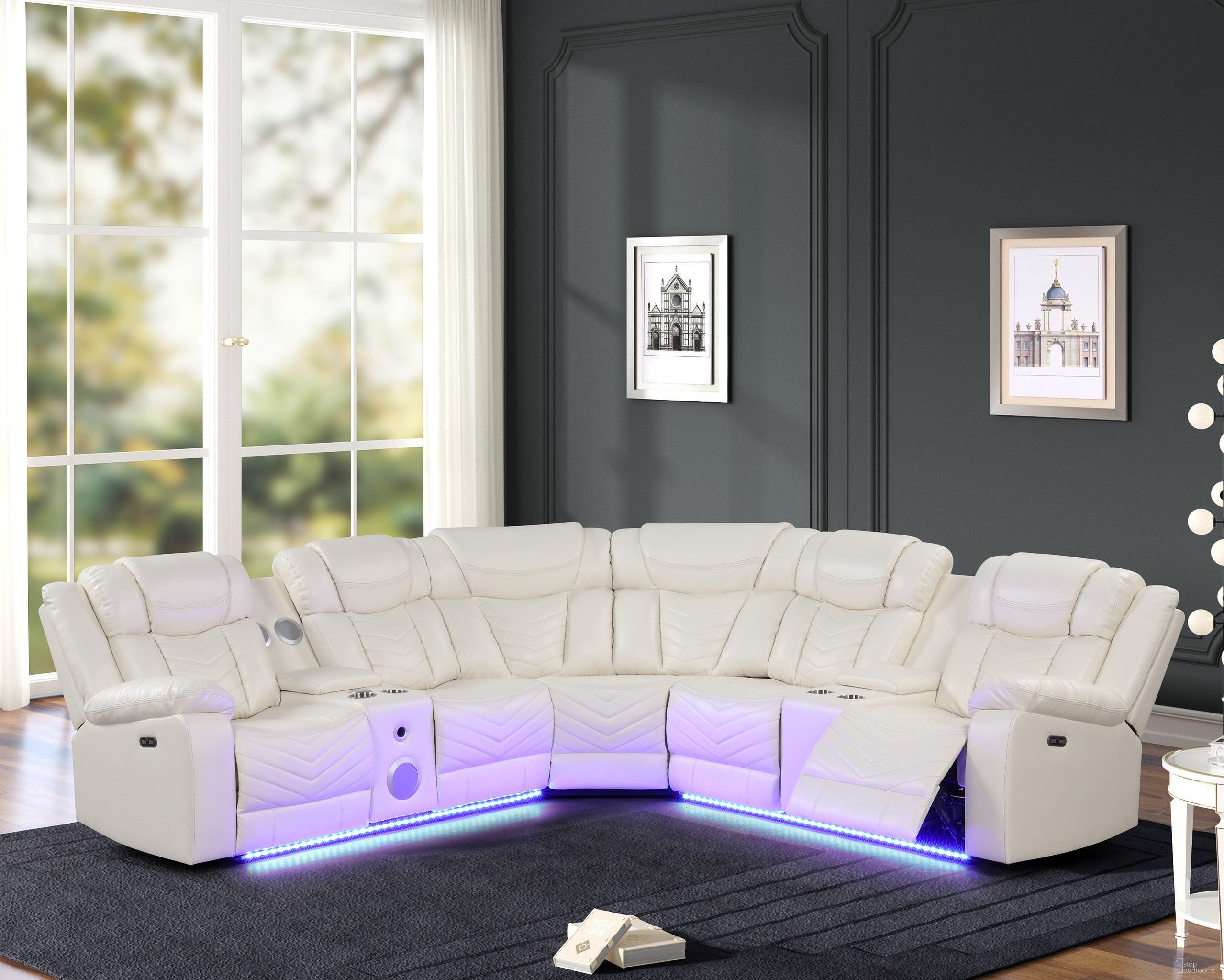 The appearance of Challenger Faux Leather Recliner Sectional Sofa with USB C Ports and Bluetooth In Ice designed by Galaxy Home Furnishings in the modern / contemporary interior design. This ice piece of furniture was selected by 1StopBedrooms from Challenger Collectiion to add a touch of cosiness and style into your home. Sku: 601955552127-1;601955552127-2;601955552127-3. Material: Leather. Layout: U-Shape.