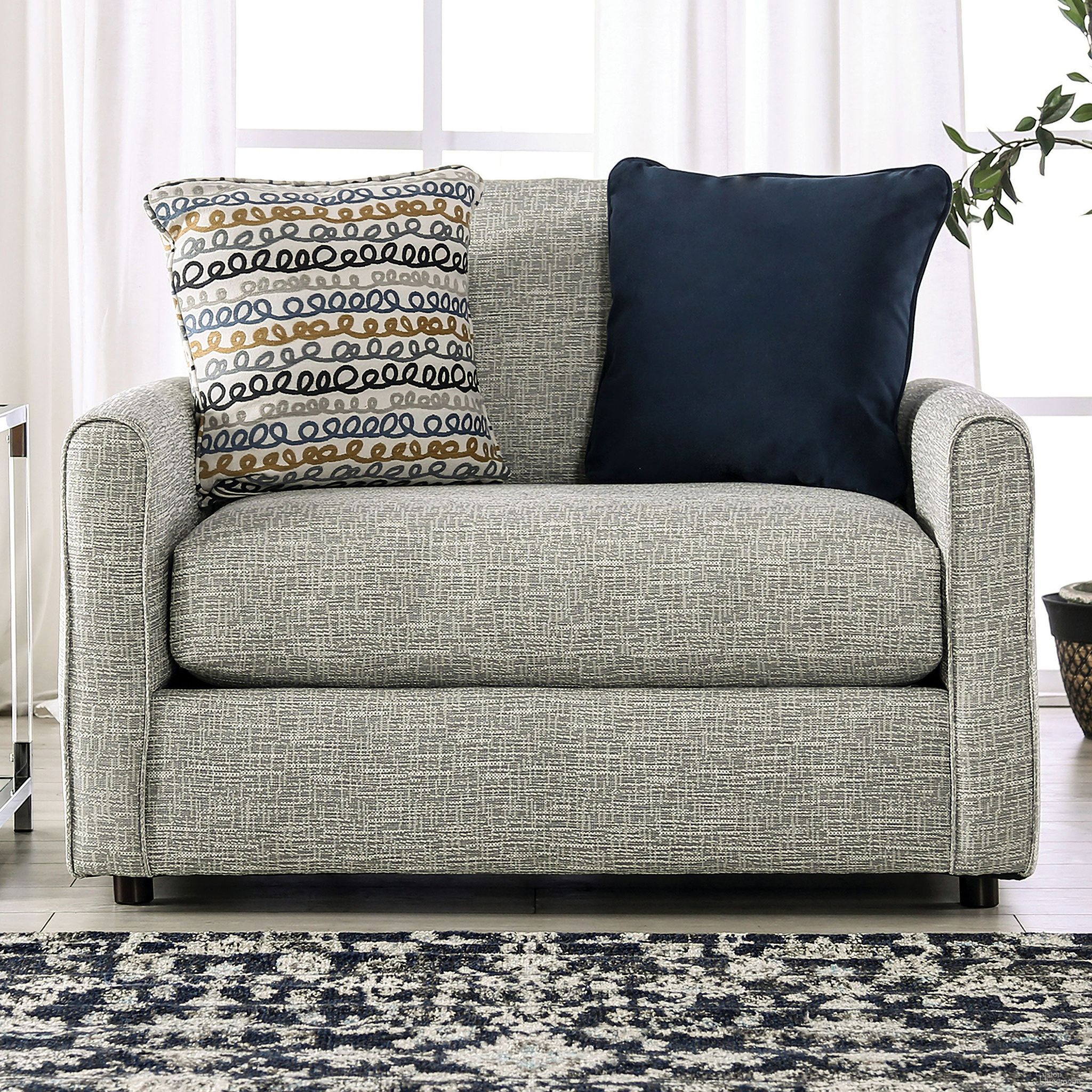 The appearance of Chancery Chair and Half In Gray and Navy designed by Furniture of America in the transitional interior design. This grey and navy piece of furniture  was selected by 1StopBedrooms from Chancery Collection to add a touch of cosiness and style into your home. Sku: SM8194-CH. Material: Wood.