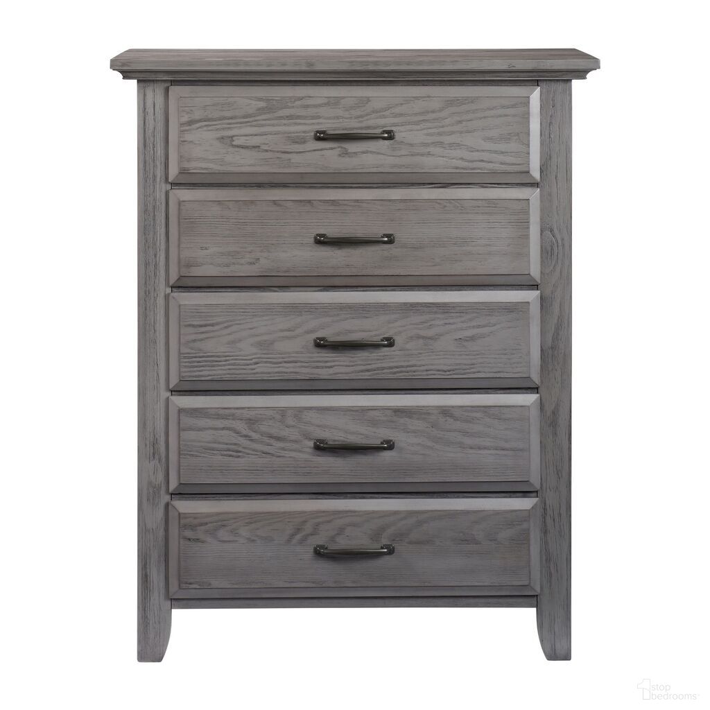 The appearance of Chandler 5 Drawer Dresser In Graphite Gray designed by Soho Baby in the transitional interior design. This graphite gray piece of furniture was selected by 1StopBedrooms from Chandler Collection to add a touch of cosiness and style into your home. Sku: 44035530. Material: Wood.