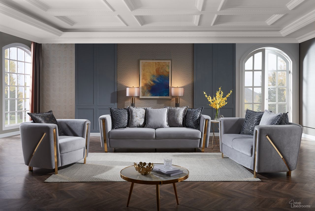 The appearance of Chanelle Thick Velvet Fabric Upholstered 3Pc Living Room Set Made With Wood In Gray designed by Galaxy Home Furnishings in the modern / contemporary interior design. This gray piece of furniture  was selected by 1StopBedrooms from Chanelle Collection to add a touch of cosiness and style into your home. Sku: 601955550734;601955550741;601955550758. Material: Wood.