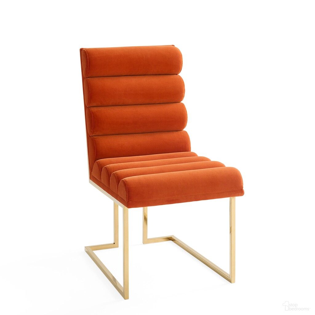 The appearance of Channeled Goldfinger Dining Chair In Varese Persimmon designed by Jonathan Adler in the modern / contemporary interior design. This varese persimmon piece of furniture  was selected by 1StopBedrooms from Goldfinger Collection to add a touch of cosiness and style into your home. Sku: 32696. Material: Cotton. Chair Type: Side Chair.
