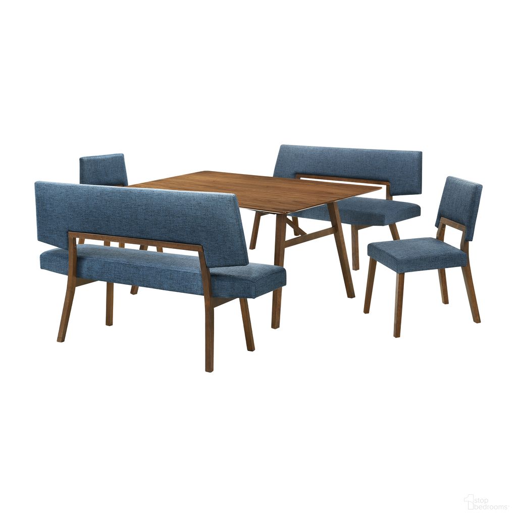 The appearance of Channell 5 Piece Wood Dining Table Set with Benches In Blue designed by Armen Living in the transitional interior design. This blue piece of furniture was selected by 1StopBedrooms from Channell Collection to add a touch of cosiness and style into your home. Sku: LCCHCHWABLU;LCCHBCHWABLU;LCCHBCHWABLU;LCCHTBLWA. Material: Wood.