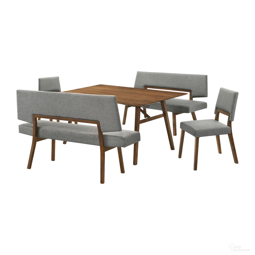 The appearance of Channell 5 Piece Wood Dining Table Set with Benches In Gray designed by Armen Living in the transitional interior design. This gray piece of furniture  was selected by 1StopBedrooms from Channell Collection to add a touch of cosiness and style into your home. Sku: LCCHCHWACH;LCCHBCHWACH;LCCHBCHWACH;LCCHTBLWA. Material: Wood.