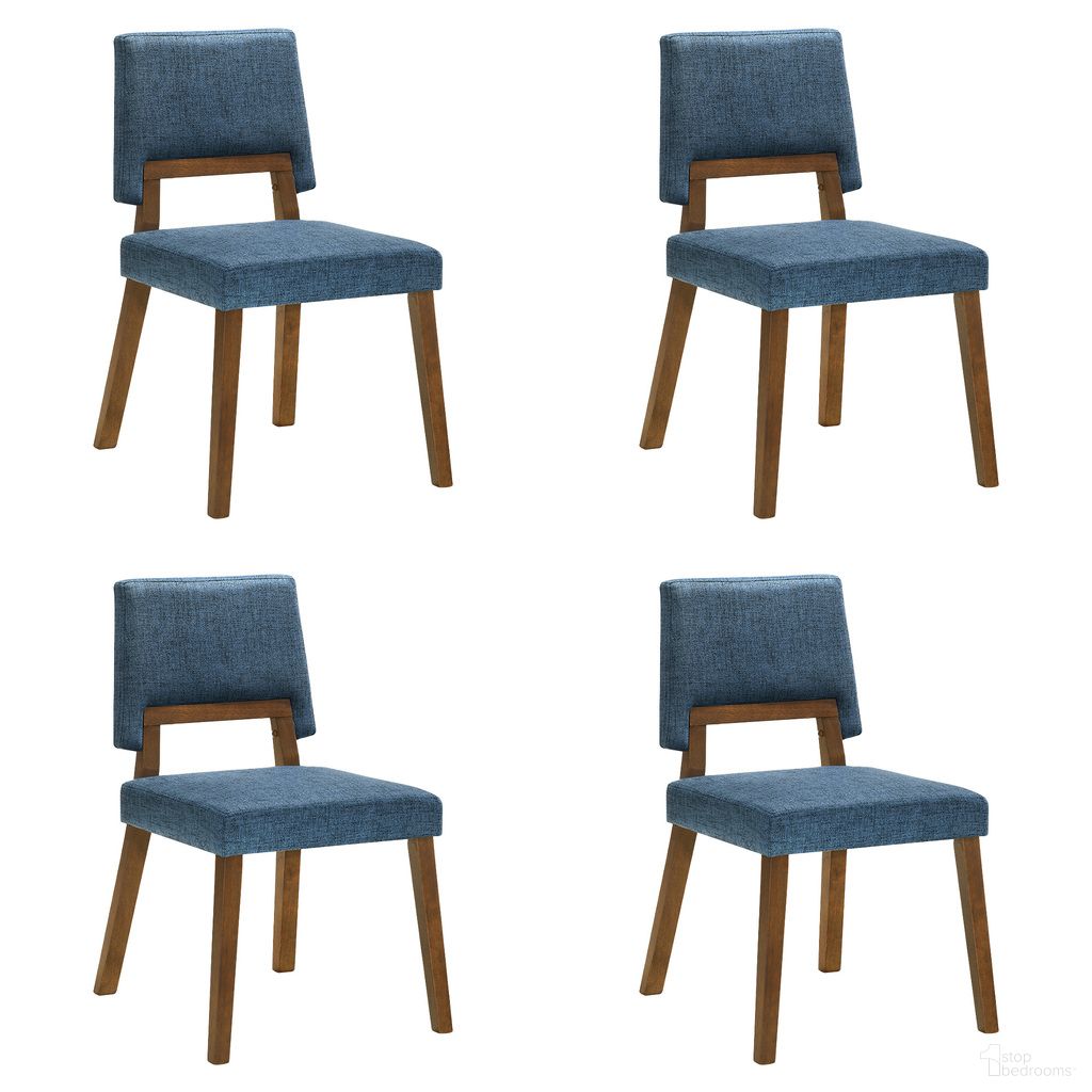 The appearance of Channell Dining Chair Set of 4 In Walnut and Blue designed by Armen Living in the transitional interior design. This blue and walnut piece of furniture  was selected by 1StopBedrooms from Channell Collection to add a touch of cosiness and style into your home. Sku: LCCHCHWABLU;LCCHCHWABLU. Material: Fabric. Chair Type: Side Chair.