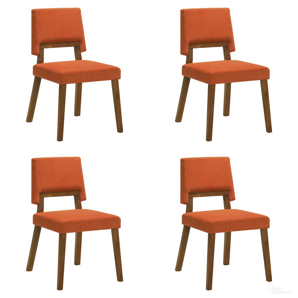 The appearance of Channell Dining Chair Set of 4 In Walnut and Orange designed by Armen Living in the transitional interior design. This walnut/orange piece of furniture  was selected by 1StopBedrooms from Channell Collection to add a touch of cosiness and style into your home. Sku: LCCHCHWAOR;LCCHCHWAOR. Material: Fabric. Chair Type: Side Chair.