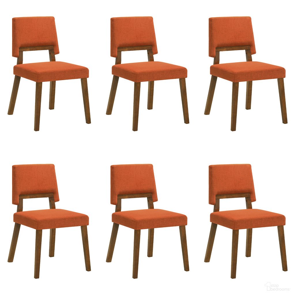 The appearance of Channell Dining Chair Set of 6 In Walnut and Orange designed by Armen Living in the transitional interior design. This walnut/orange piece of furniture  was selected by 1StopBedrooms from Channell Collection to add a touch of cosiness and style into your home. Sku: LCCHCHWAOR;LCCHCHWAOR;LCCHCHWAOR. Material: Fabric. Chair Type: Side Chair.