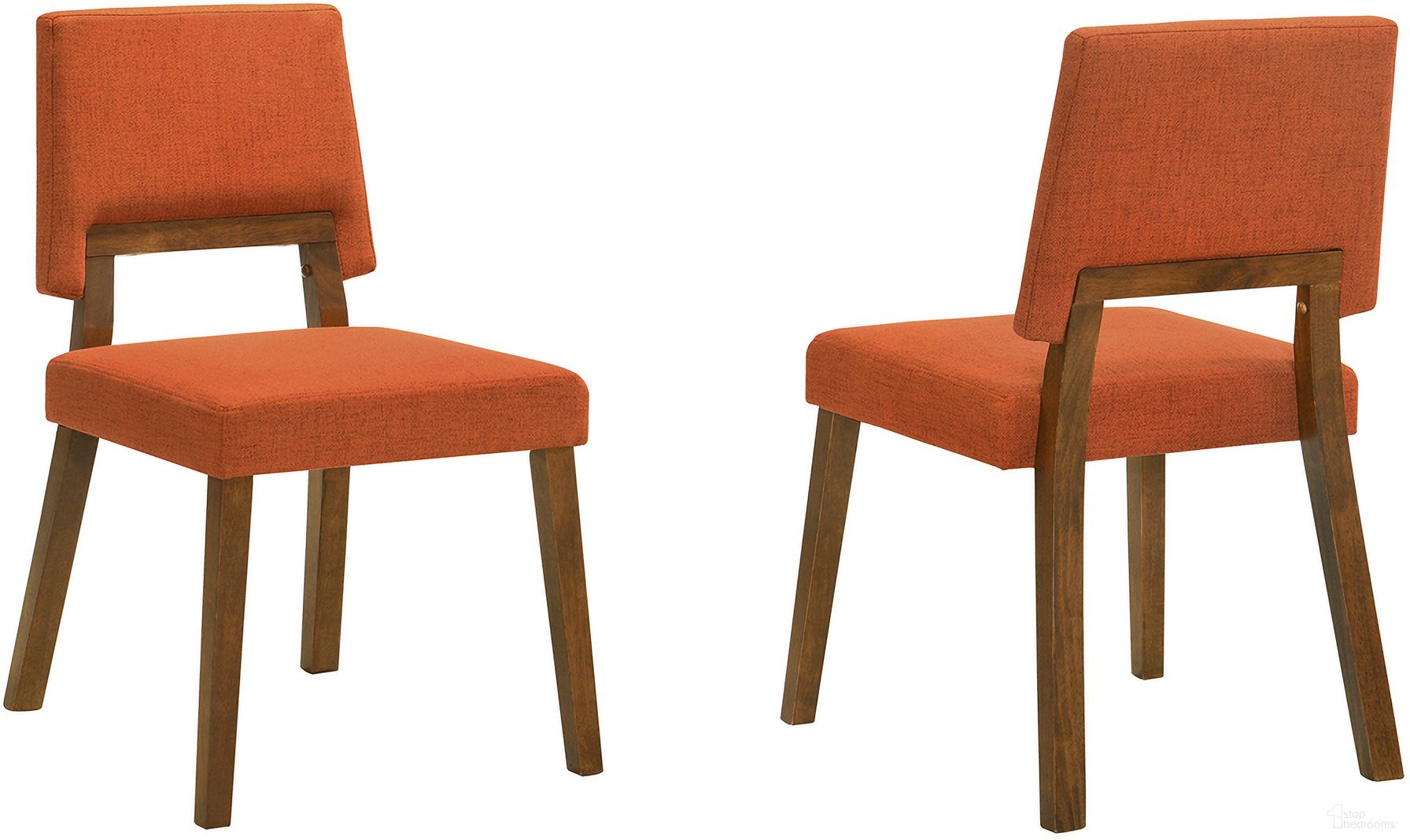 The appearance of Channell Upholstered Wood Dining Chair Set of 2 In Orange designed by Armen Living in the transitional interior design. This orange piece of furniture  was selected by 1StopBedrooms from Channell Collection to add a touch of cosiness and style into your home. Sku: LCCHCHWAOR. Material: Wood. Chair Type: Side Chair.