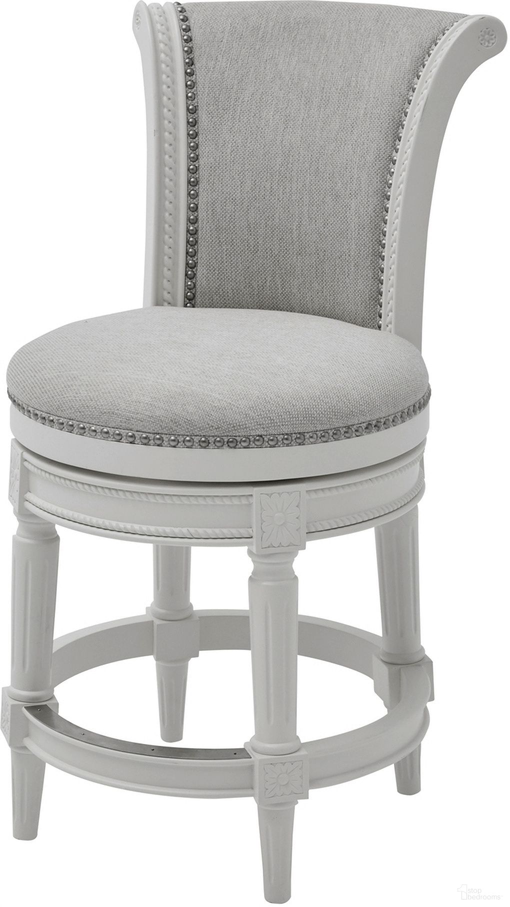 The appearance of Chapman 26 Inch Wood Counter-Height Swivel Barstool with High-Back In Farmhouse White and Gray designed by New Ridge Home Goods in the transitional interior design. This farmhouse white/gray piece of furniture was selected by 1StopBedrooms from Chapman Collection to add a touch of cosiness and style into your home. Sku: NR107104-FCS-AW. Material: Hardwood.