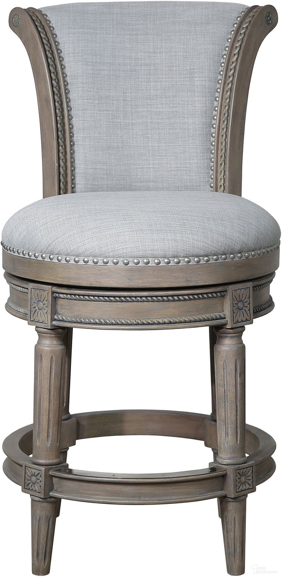 The appearance of Chapman 26 Inch Wood Counter-Height Swivel Barstool with High-Back In Weathered Gray designed by New Ridge Home Goods in the transitional interior design. This weathered gray piece of furniture was selected by 1StopBedrooms from Chapman Collection to add a touch of cosiness and style into your home. Sku: NR1004FU-192GR. Material: Hardwood.