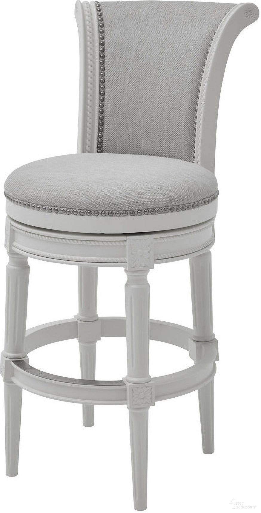 The appearance of Chapman 31 Inch Wood Bar-Height Swivel Barstool with High-Back In Farmhouse White and Gray designed by New Ridge Home Goods in the transitional interior design. This farmhouse white/gray piece of furniture was selected by 1StopBedrooms from Chapman Collection to add a touch of cosiness and style into your home. Sku: NR107103-FBS-AW. Material: Hardwood.