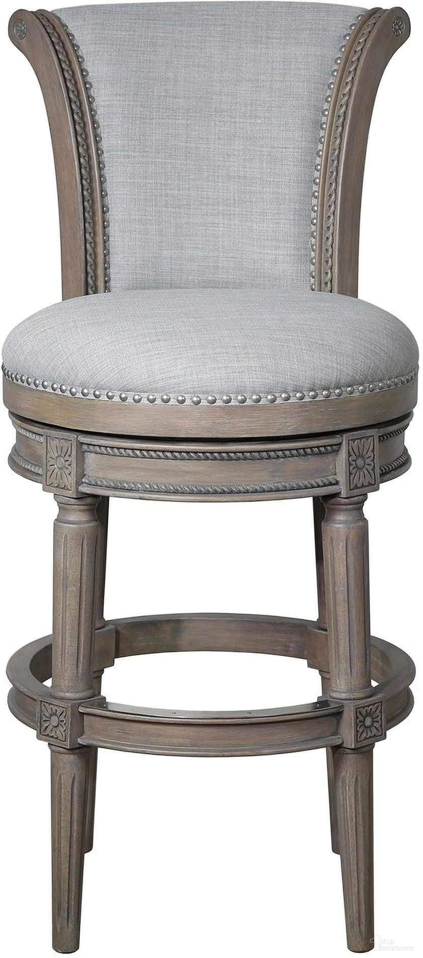 The appearance of Chapman 31 Inch Wood Bar-Height Swivel Barstool with High-Back In Weathered Gray designed by New Ridge Home Goods in the transitional interior design. This weathered gray piece of furniture was selected by 1StopBedrooms from Chapman Collection to add a touch of cosiness and style into your home. Sku: NR1004FU-191GR. Material: Hardwood.