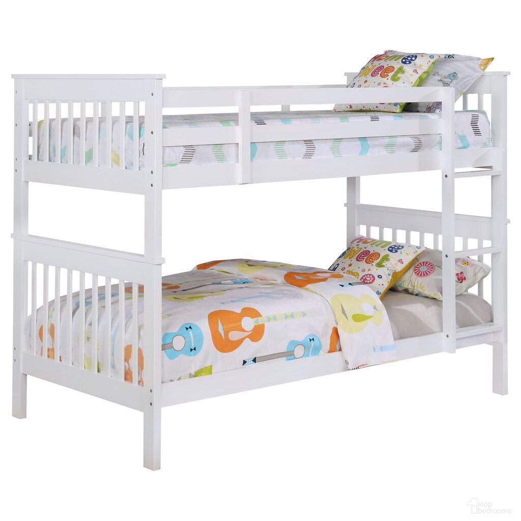 The appearance of Chapman Wood Twin Over Twin Bunk Bed with Mattress In White designed by Coaster in the transitional interior design. This white piece of furniture  was selected by 1StopBedrooms from Chapman Collection to add a touch of cosiness and style into your home. Sku: 350361T;350361T;460244NB1;460244NB2;460244NB3. Bed Type: Bunk Bed. Bed Size: Twin Over Twin. Material: Pine.