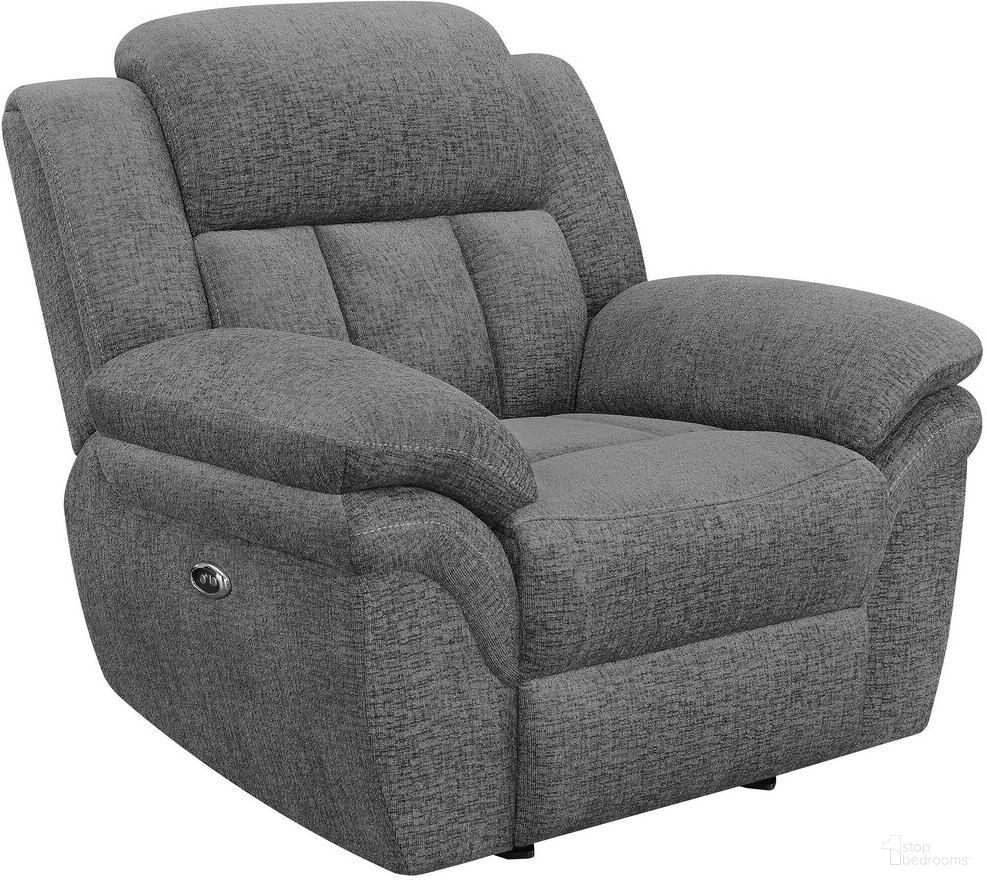 The appearance of Bahrain Upholstered Power Glider Recliner Charcoal designed by Coaster in the transitional interior design. This charcoal piece of furniture  was selected by 1StopBedrooms from Bahrain Collection to add a touch of cosiness and style into your home. Sku: 609543P. Material: Upholstered.