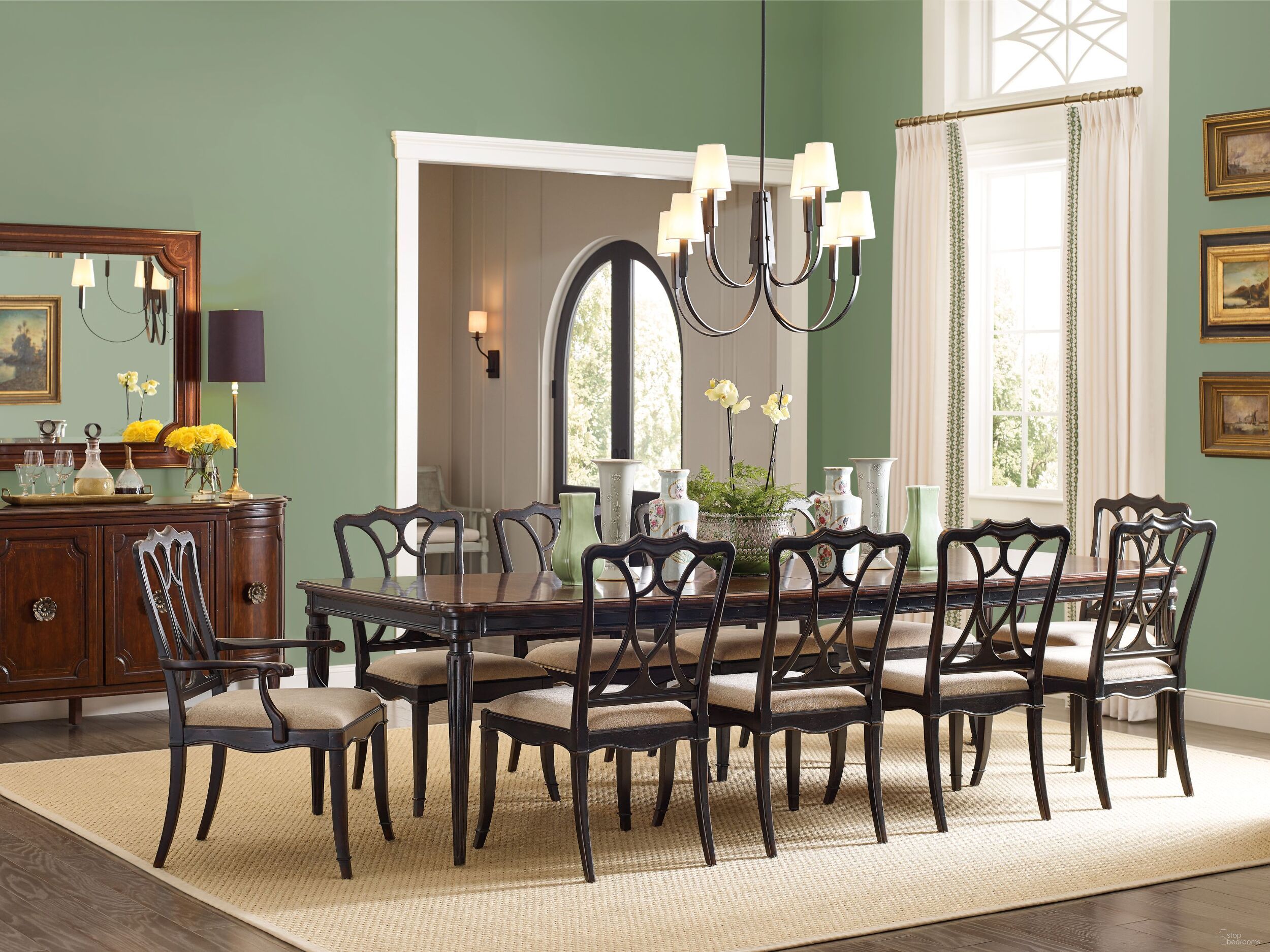 The appearance of Charleston Black Extendable Dining Room Set designed by Hooker in the transitional interior design. This black piece of furniture  was selected by 1StopBedrooms from Charleston Collection to add a touch of cosiness and style into your home. Sku: 6750-75200-00;6750-75310-97. Table Base Style: Legs. Material: Wood. Size: 44" x 74".