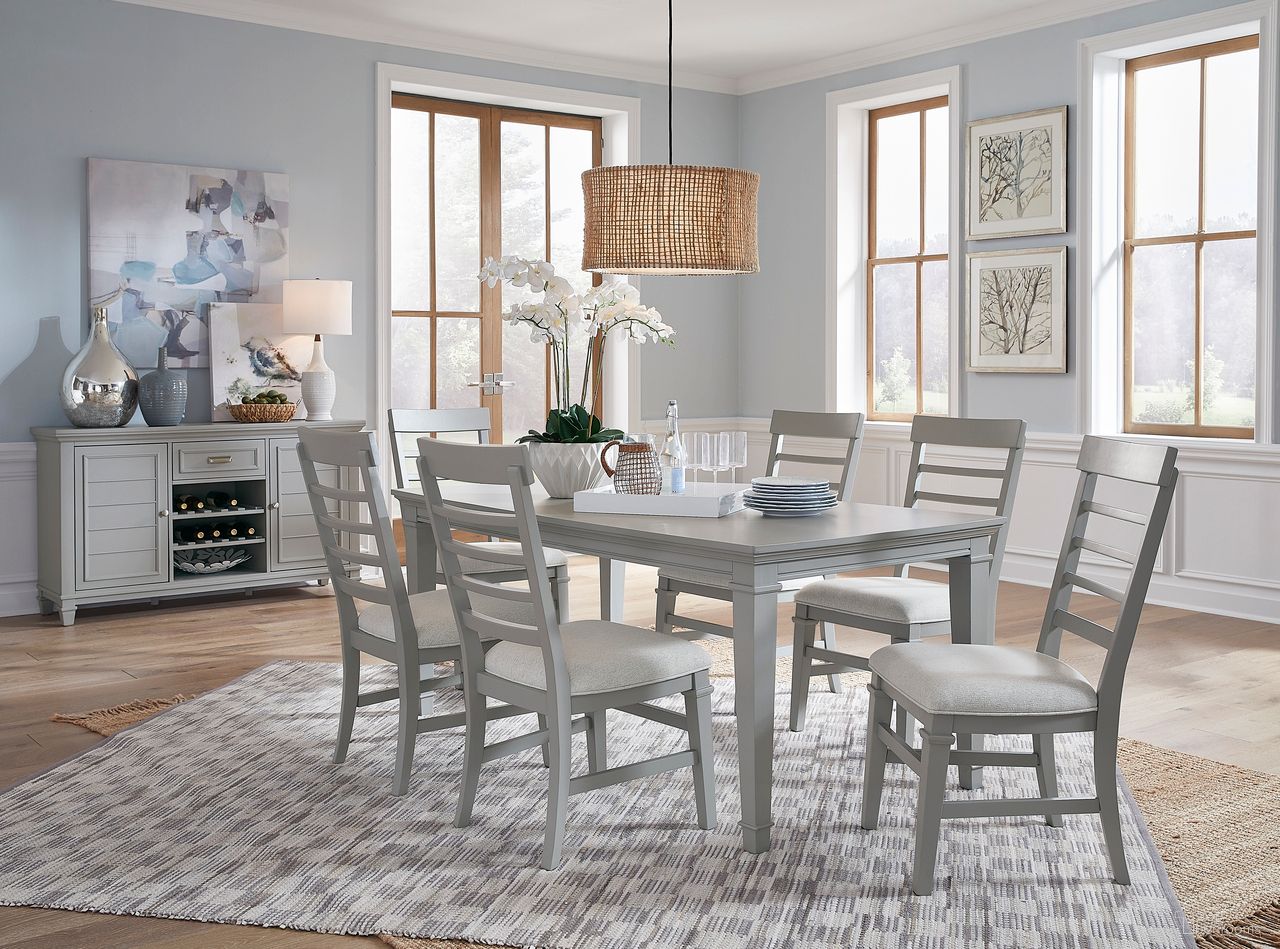 The appearance of Charleston Extendable Rectangular Dining Set In Harbor Gray designed by Magnussen in the traditional interior design. This harbor gray piece of furniture was selected by 1StopBedrooms from Charleston Collection to add a touch of cosiness and style into your home. Sku: D5611-20GY;D5611-62GY. Table Top Shape: Rectangular. Size: 72" x 38". Material: Hardwood.