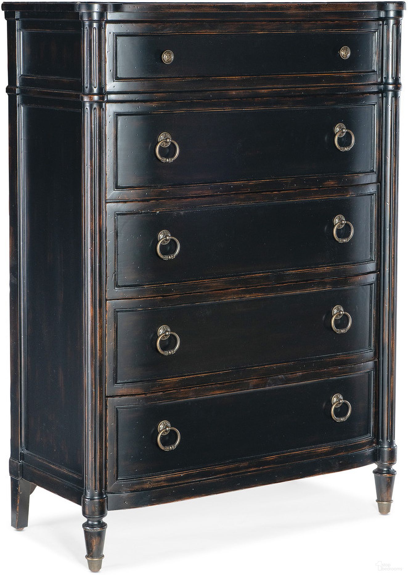 The appearance of Charleston Five Drawer Chest In Black designed by Hooker in the traditional interior design. This black piece of furniture  was selected by 1StopBedrooms from Charleston Collection to add a touch of cosiness and style into your home. Sku: 6750-90010-97. Material: Cherry Veneer.
