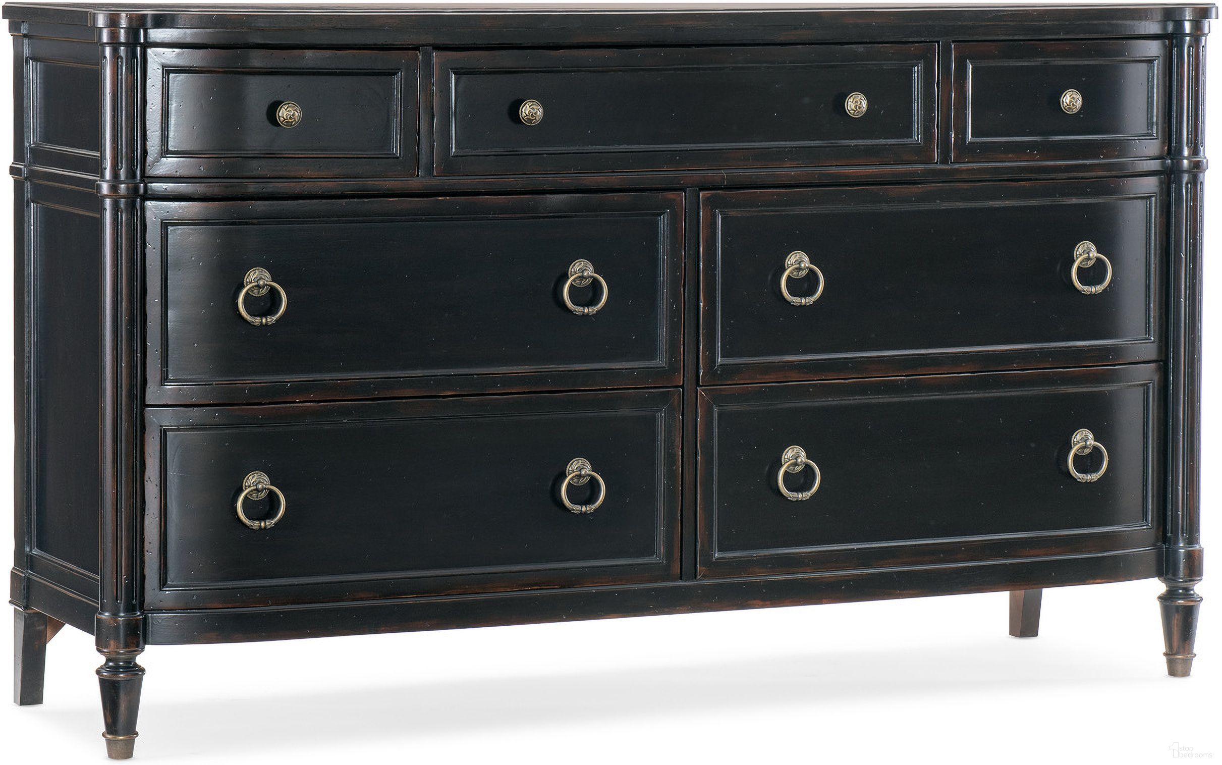 The appearance of Charleston Seven Drawer Dresser In Black designed by Hooker in the traditional interior design. This black piece of furniture was selected by 1StopBedrooms from Charleston Collection to add a touch of cosiness and style into your home. Sku: 6750-90202-97. Material: Cherry.