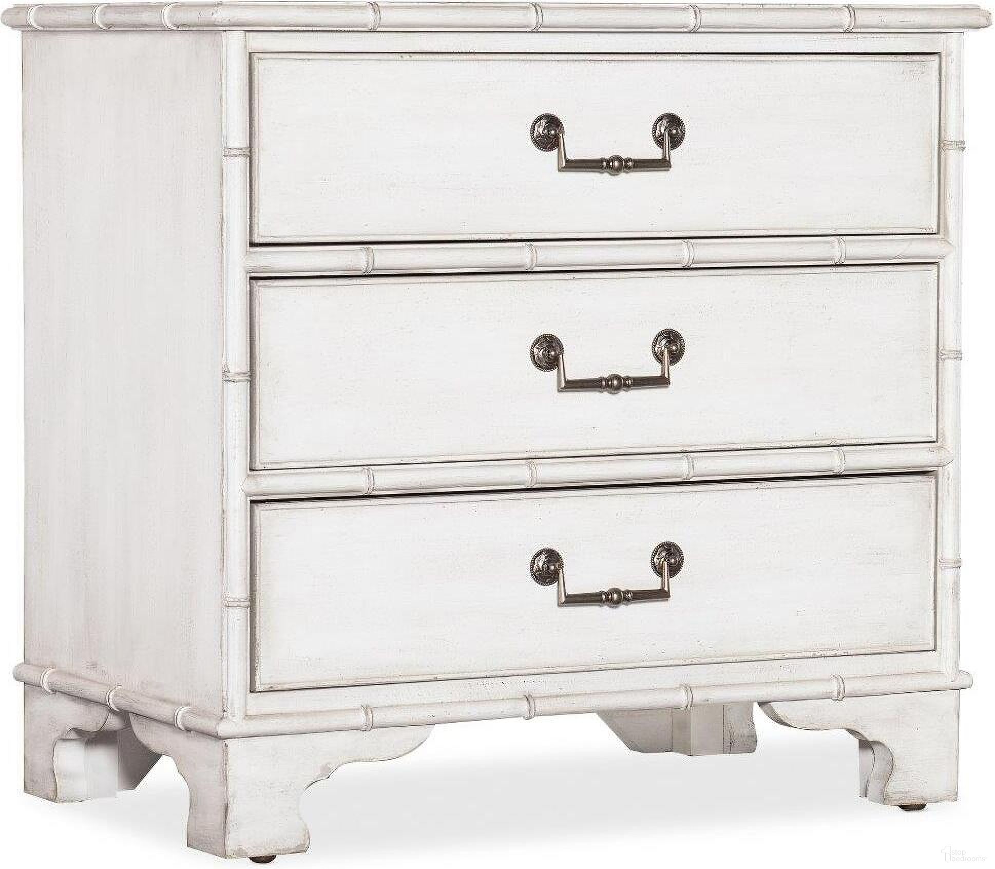 The appearance of Charleston Three-Drawer Nightstand designed by Hooker in the traditional interior design. This white piece of furniture  was selected by 1StopBedrooms from Charleston Collection to add a touch of cosiness and style into your home. Sku: 6750-90117-06. Material: Wood.