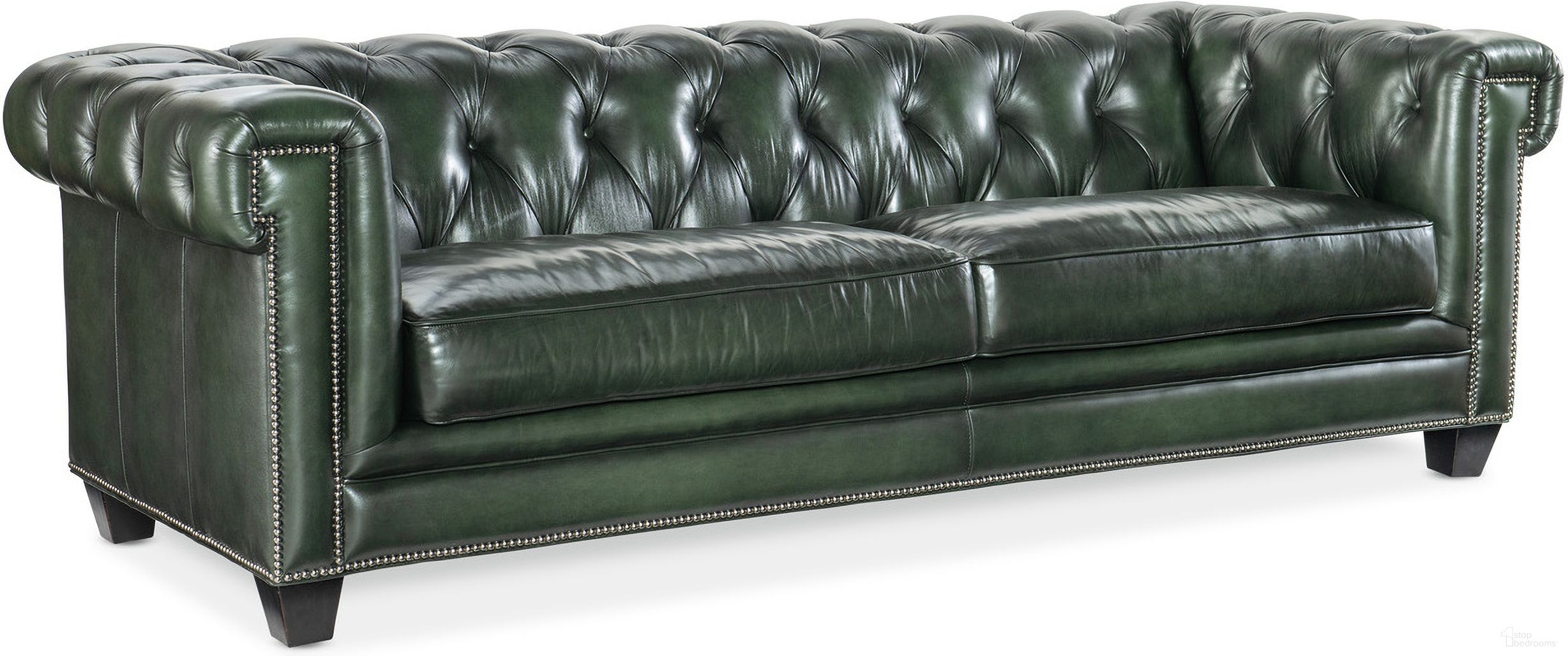 The appearance of Charleston Tufted Sofa In Green designed by Hooker in the traditional interior design. This green piece of furniture was selected by 1StopBedrooms from SS Collection to add a touch of cosiness and style into your home. Sku: SS198-03-029. Material: Leather.