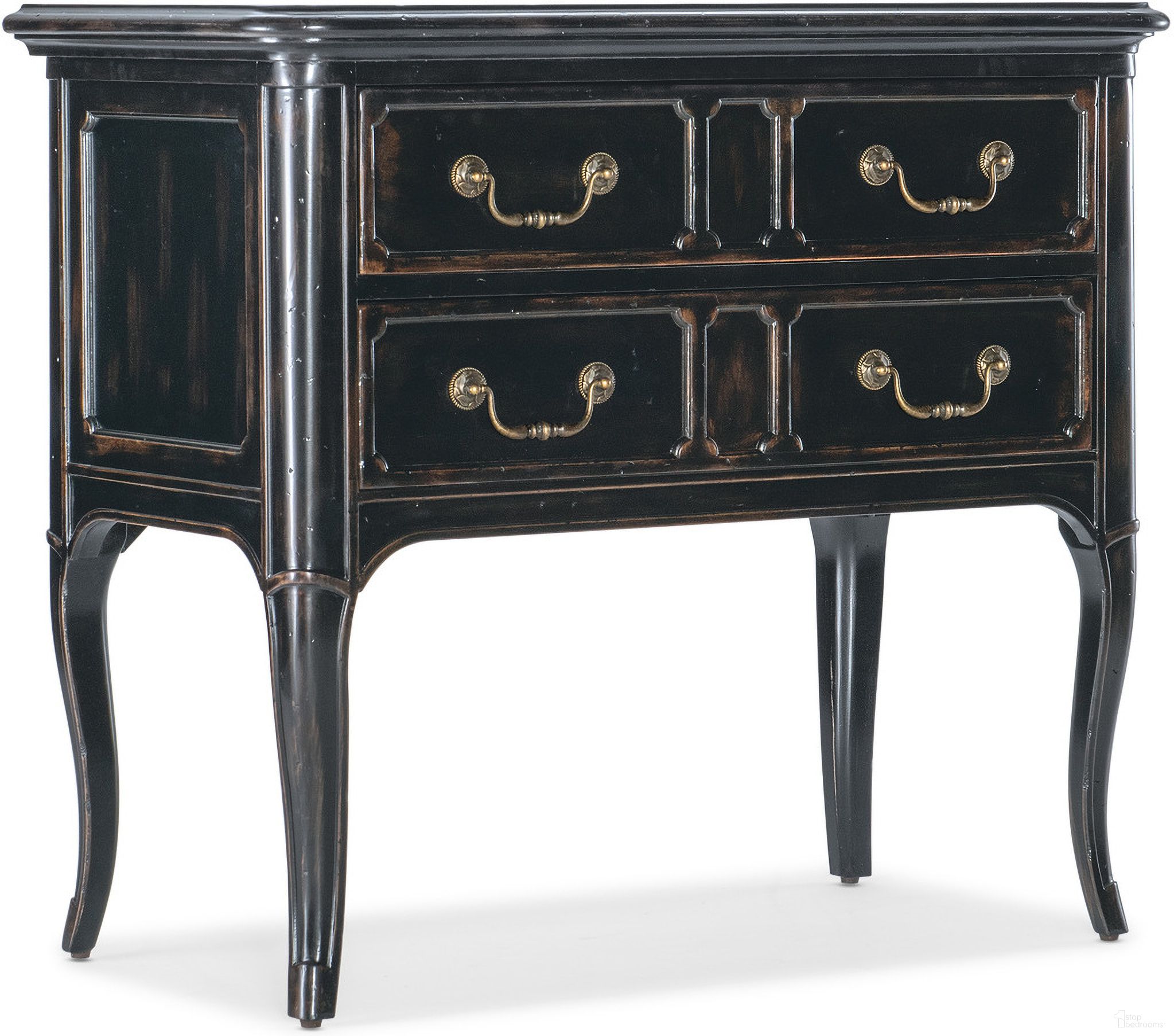 The appearance of Charleston Two Drawer Nightstand In Black designed by Hooker in the traditional interior design. This black piece of furniture  was selected by 1StopBedrooms from Charleston Collection to add a touch of cosiness and style into your home. Sku: 6750-90215-97. Material: Solid Wood.