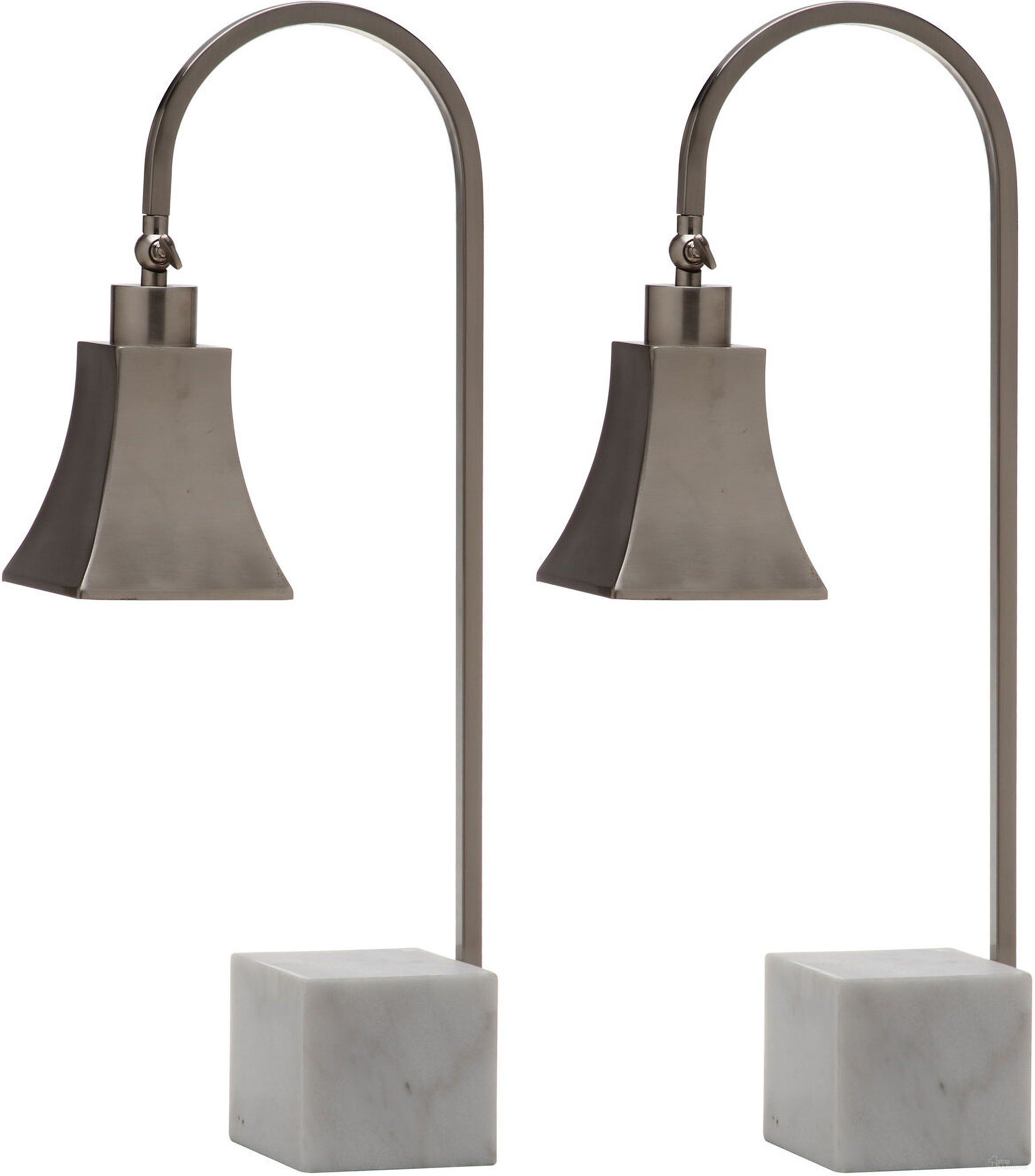 The appearance of Charley White Marble Desk Lamp with Nickel Shade Set of 2 designed by Safavieh in the modern / contemporary interior design. This white piece of furniture  was selected by 1StopBedrooms from Safavieh LIT Collection to add a touch of cosiness and style into your home. Sku: LIT4278A-SET2. Material: Iron.