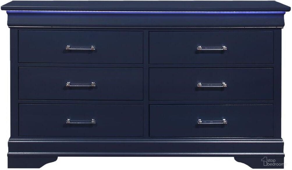The appearance of Charlie Blue Dresser designed by Global Furniture USA in the modern / contemporary interior design. This blue piece of furniture  was selected by 1StopBedrooms from Charlie Collection to add a touch of cosiness and style into your home. Sku: CHARLIE-BLUE-DR W/LED. Material: Rubberwood.