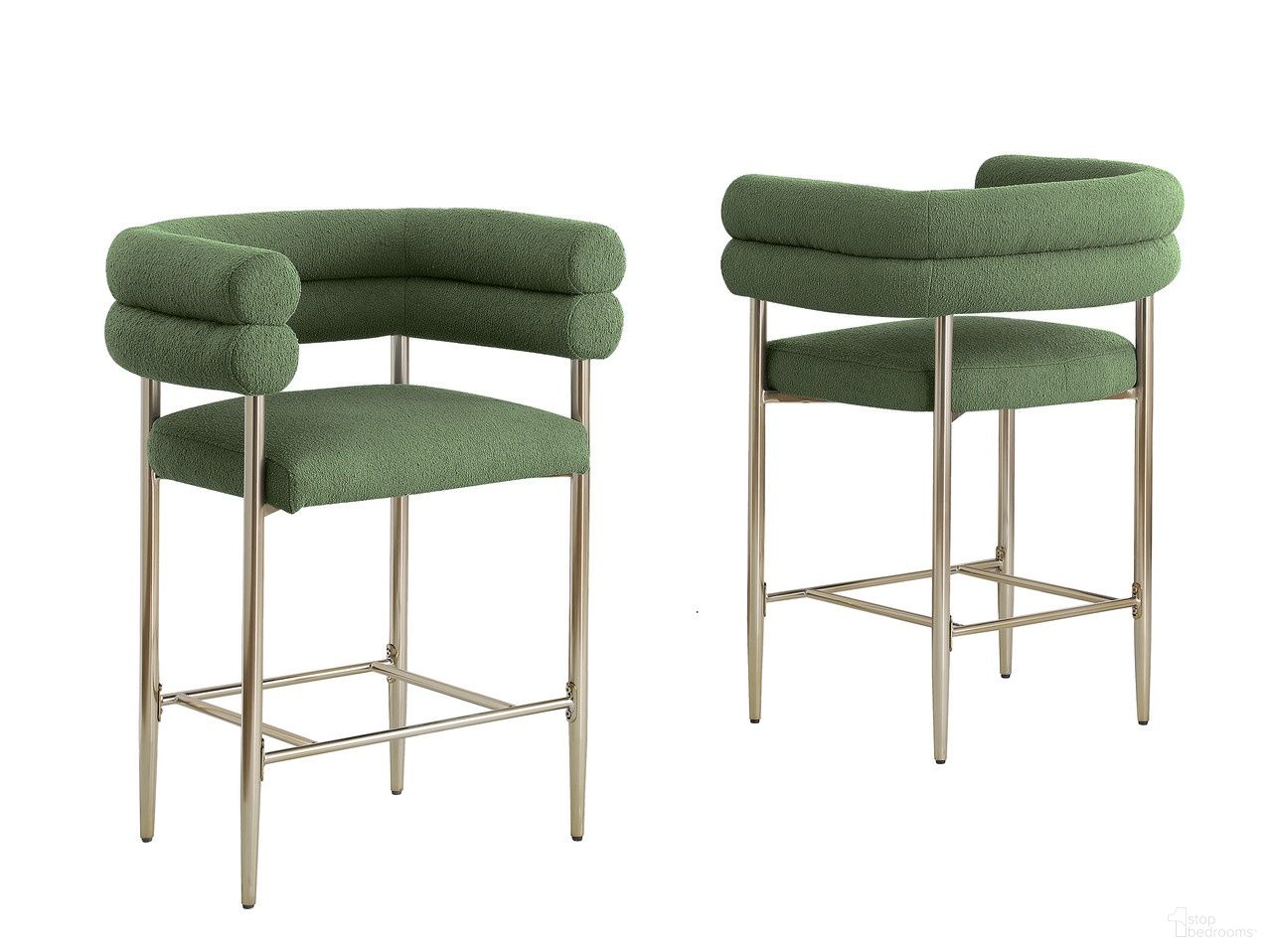 The appearance of Charlie Teddy Fabric Counter Height Chair Set of 2 in Green designed by Best Quality Furniture in the glam interior design. This green piece of furniture was selected by 1StopBedrooms from Charlie Collection to add a touch of cosiness and style into your home. Sku: CH03. Material: Fabric.