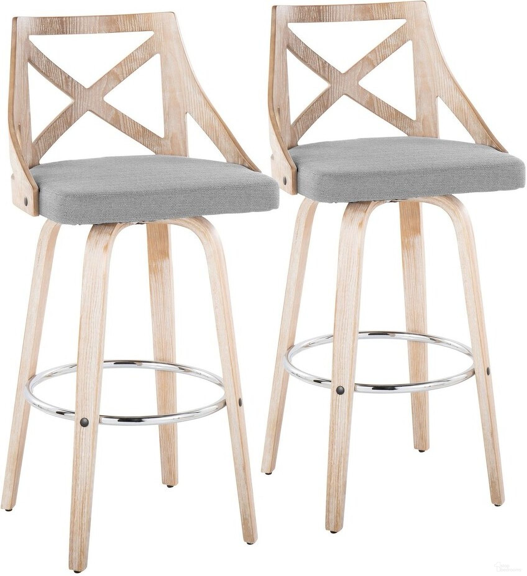The appearance of Charlotte 30 Inch Fixed Height Barstool Set of 2 In Light Gray/White Washed designed by Lumisource in the country / farmhouse interior design. This white and light gray piece of furniture was selected by 1StopBedrooms from Charlotte Collection to add a touch of cosiness and style into your home. Sku: B30-CHARLOTFB-GRTZR2 WWWWLGY2. Material: Wood.