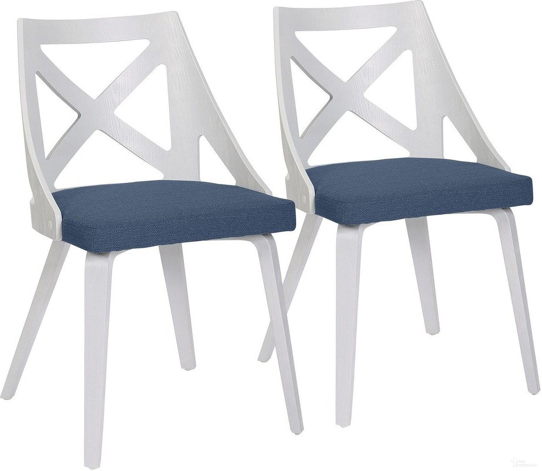 The appearance of Charlotte Chair Set of 2 In White and Blue designed by Lumisource in the country / farmhouse interior design. This white and blue piece of furniture  was selected by 1StopBedrooms from Charlotte Collection to add a touch of cosiness and style into your home. Sku: CH-CHARLOT WTXTBU2. Material: Wood. Chair Type: Side Chair.
