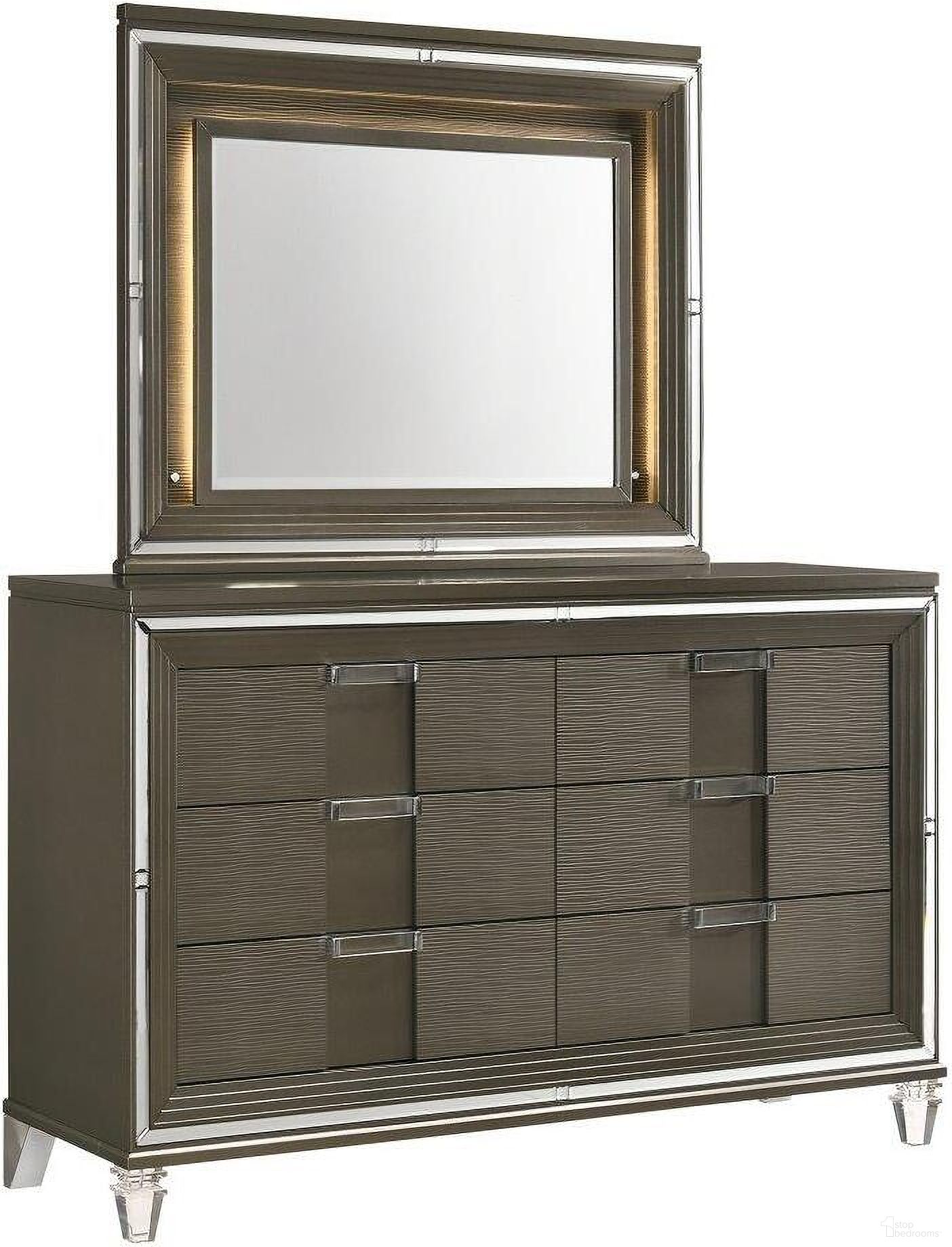 The appearance of Charlotte Copper 6 Drawer Dresser With Mood Lighting Mirror designed by Picket House in the modern / contemporary interior design. This brown piece of furniture was selected by 1StopBedrooms from Charlotte Collection to add a touch of cosiness and style into your home. Sku: TN600DR;TN600MR. Material: Rubberwood.