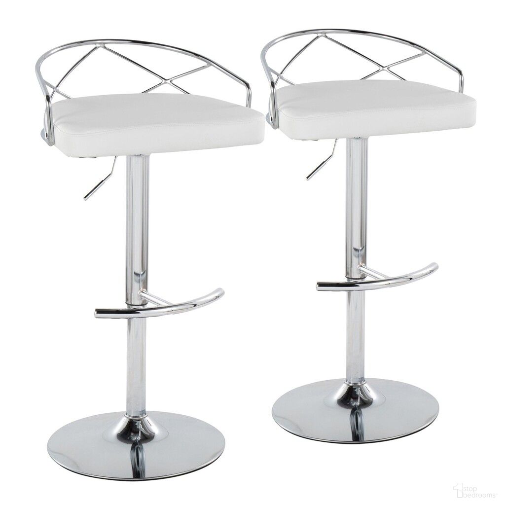 The appearance of Charlotte Glam Adjustable Barstool Set of 2 In White designed by Lumisource in the glam interior design. This white piece of furniture was selected by 1StopBedrooms from Charlotte Collection to add a touch of cosiness and style into your home. Sku: BS-CHARLOTGLAMPU-RNT2 CHRW2. Material: Leather.