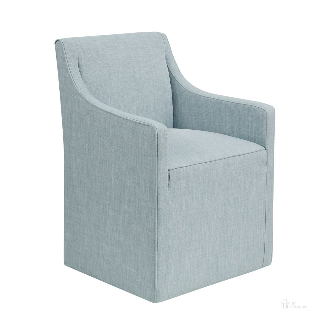 The appearance of Charlotte Skirted Dining Arm Chair with Casters In Blue designed by Olliix in the transitional interior design. This blue piece of furniture was selected by 1StopBedrooms from Charlotte Collection to add a touch of cosiness and style into your home. Sku: MP108-1244. Material: Polyester. Chair Type: Arm Chair.