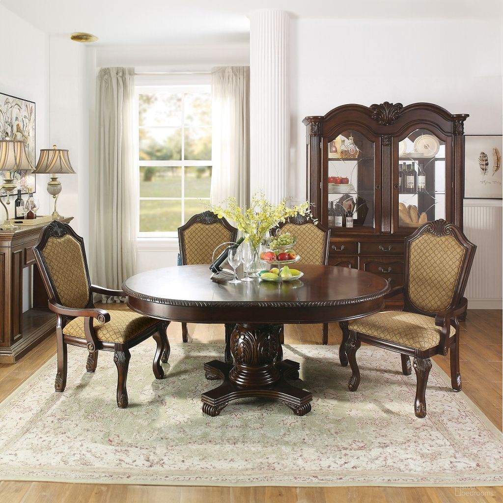 The appearance of Chateau De Ville Dining Room Set In Brown designed by ACME in the transitional interior design. This brown piece of furniture was selected by 1StopBedrooms from Chateau De Ville Collection to add a touch of cosiness and style into your home. Sku: 64175A-T;64176A-BASE;64077. Table Base Style: Pedestal. Table Top Shape: Oval. Size: 39" x 43". Material: Bentwood.