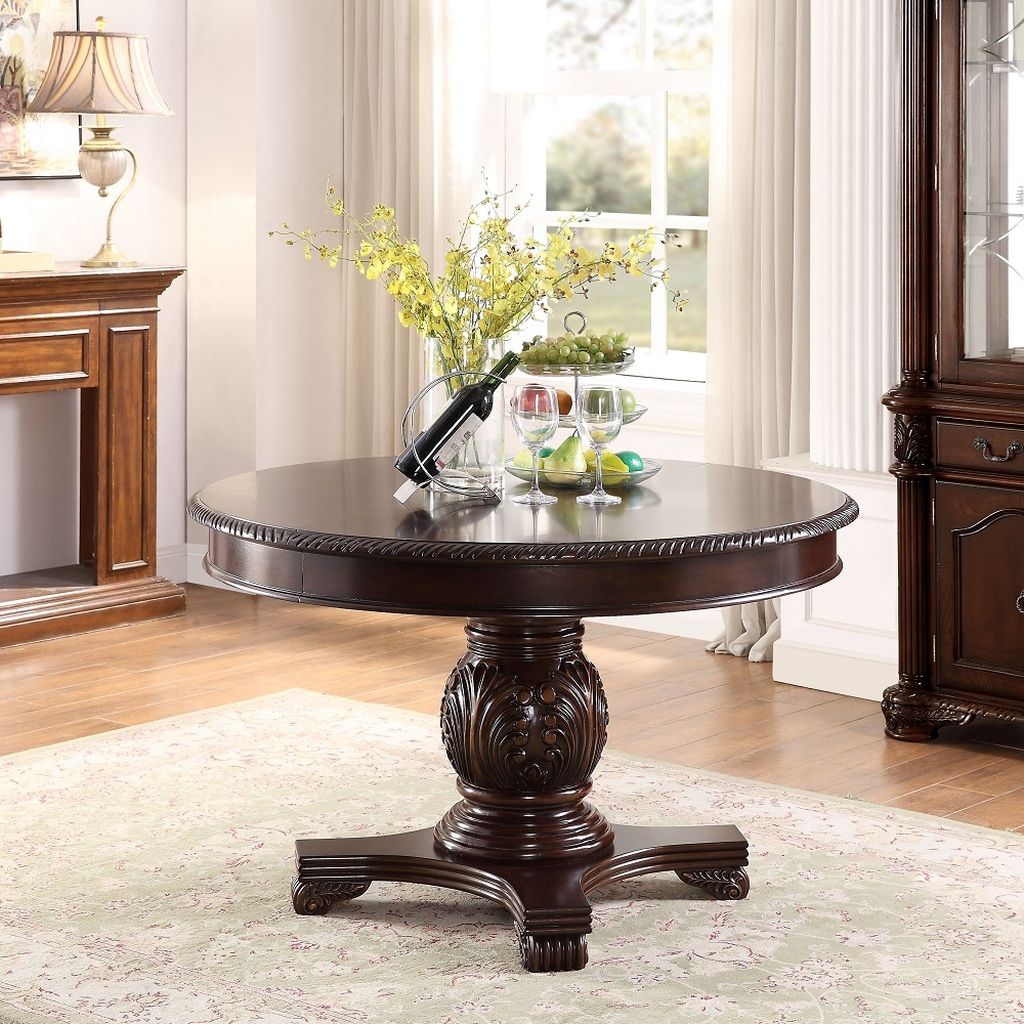 The appearance of Chateau De Ville Dining Table In Brown designed by ACME in the transitional interior design. This brown piece of furniture was selected by 1StopBedrooms from Chateau De Ville Collection to add a touch of cosiness and style into your home. Sku: 64175A-T;64176A-BASE. Table Base Style: Pedestal. Table Top Shape: Oval. Size: 39" x 43". Material: Bentwood.