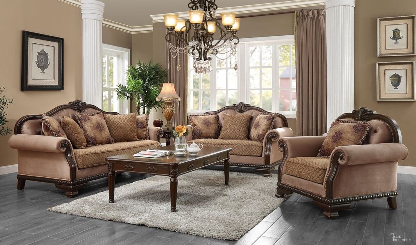 The appearance of Chateau De Ville Living Room Set In Brown designed by ACME in the transitional interior design. This brown piece of furniture was selected by 1StopBedrooms from Chateau De Ville Collection to add a touch of cosiness and style into your home. Sku: 58265;58266. Material: Wood.