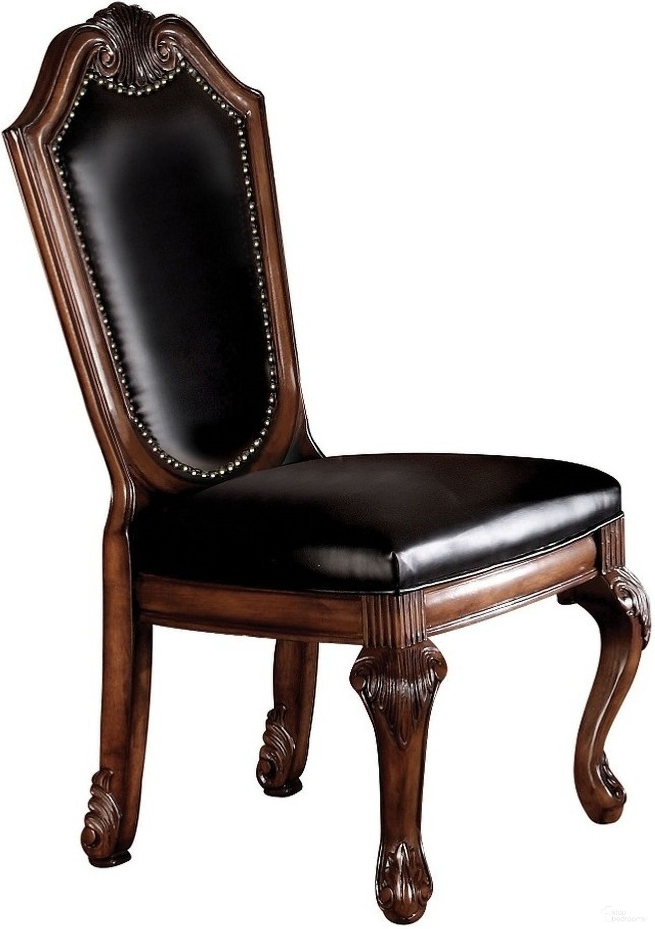 The appearance of Chateau De Ville Side Chair Set of 2 In Black Synthetic Leather and Cherry designed by ACME in the transitional interior design. This black and cherry piece of furniture was selected by 1StopBedrooms from Chateau De Ville Collection to add a touch of cosiness and style into your home. Sku: 10038A. Material: Wood. Chair Type: Side Chair.