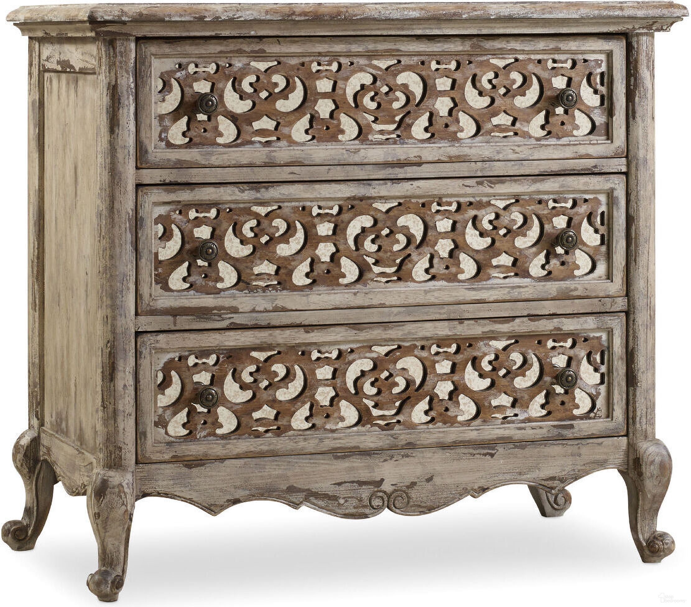 The appearance of Chatelet Light Wood Fretwork Nightstand designed by Hooker in the traditional interior design. This light wood piece of furniture was selected by 1StopBedrooms from Chatelet Collection to add a touch of cosiness and style into your home. Sku: 5351-90016. Material: Veneer.