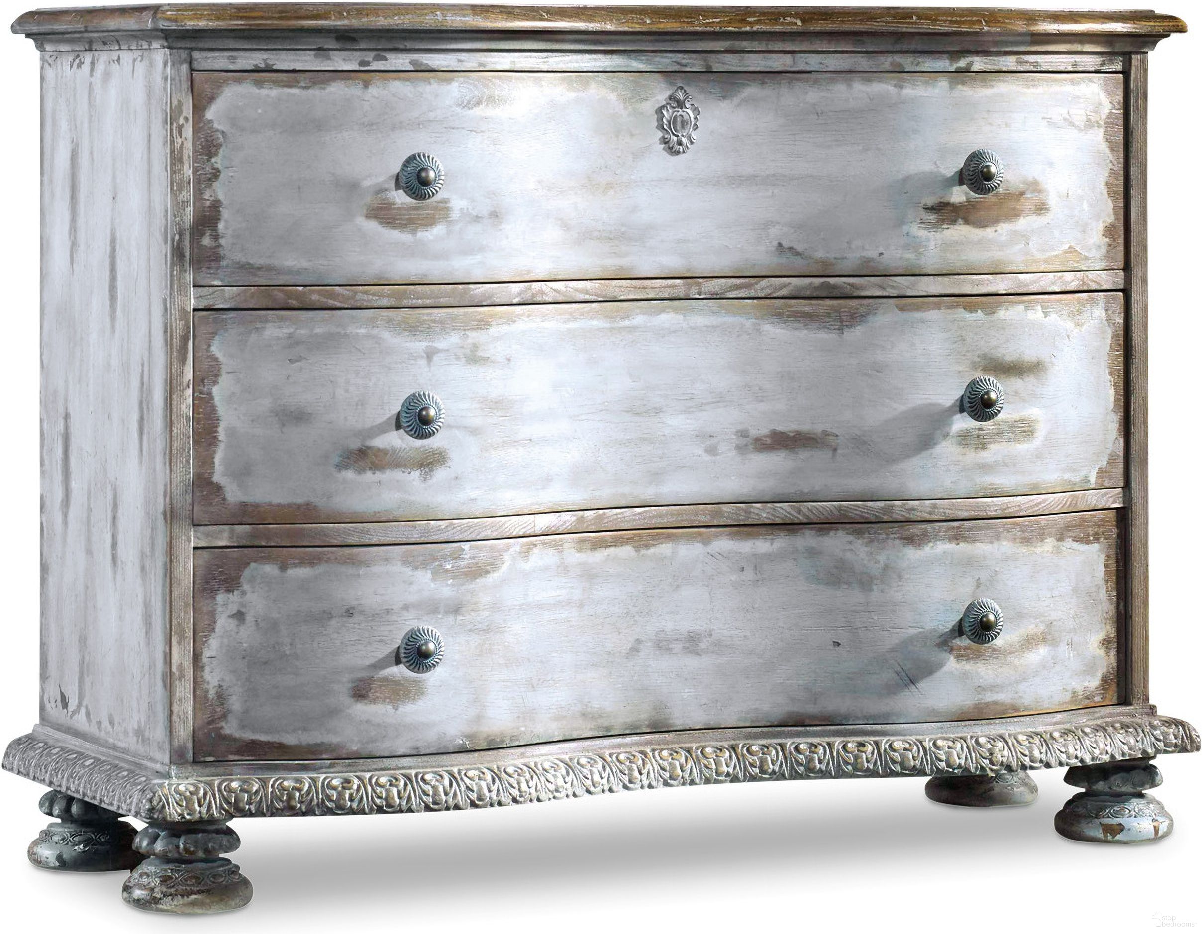 The appearance of Chatelet Light Blue Chest designed by Hooker in the traditional interior design. This blue piece of furniture  was selected by 1StopBedrooms from Chatelet Collection to add a touch of cosiness and style into your home. Sku: 5851-85001. Material: Veneer.