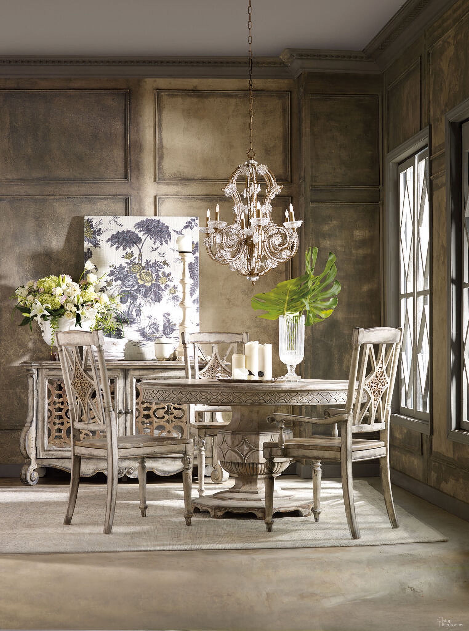 The appearance of Chatelet Paris Vintage Round Extendable Dining Room Set designed by Hooker in the traditional interior design. This light wood piece of furniture was selected by 1StopBedrooms from Chatelet Collection to add a touch of cosiness and style into your home. Sku: 5350-75001;5350-75002;5351-75300. Table Base Style: Pedestal. Table Top Shape: Round. Material: Wood. Size: 54".
